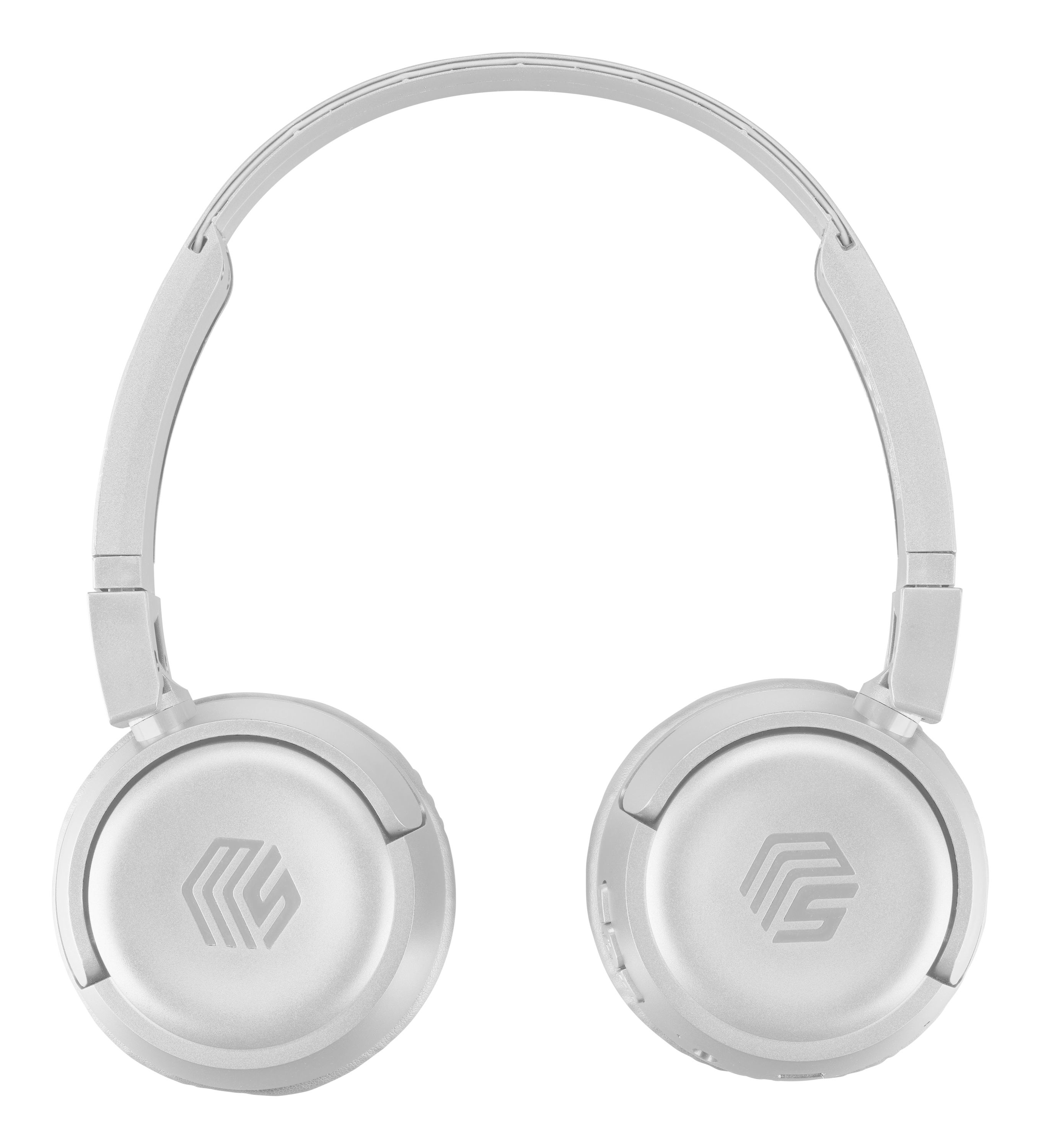 Białe słuchawki z logo. Słuchawki są na białym tle. To słuchawki nauszne.