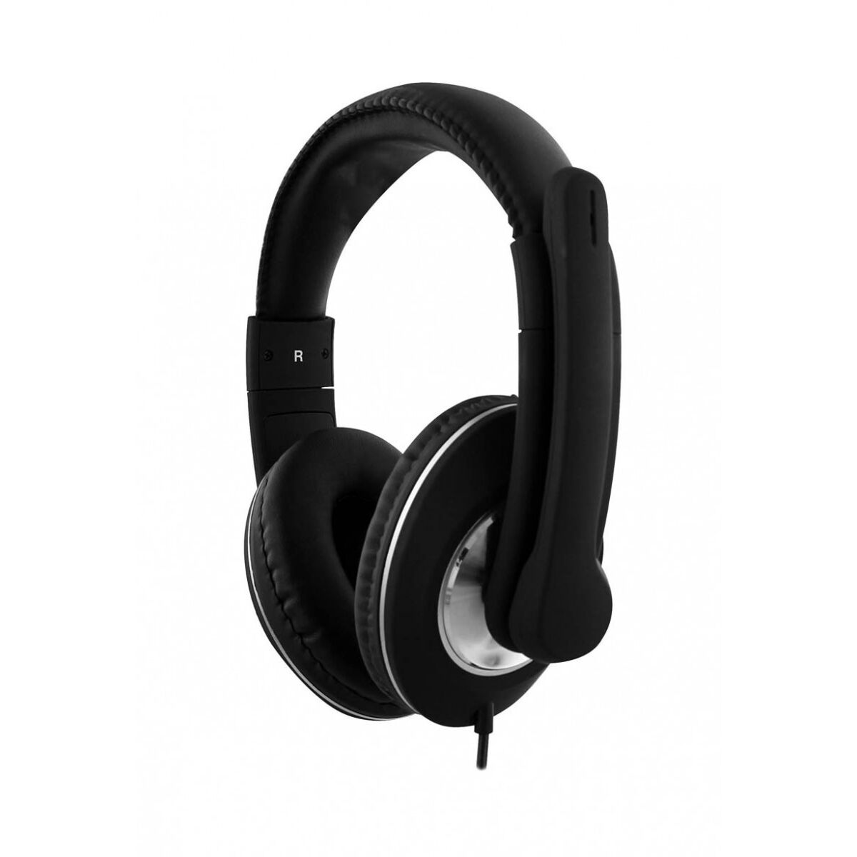 Cuffie nere con microfono. Anello argentato sui padiglioni auricolari. Sfondo bianco.