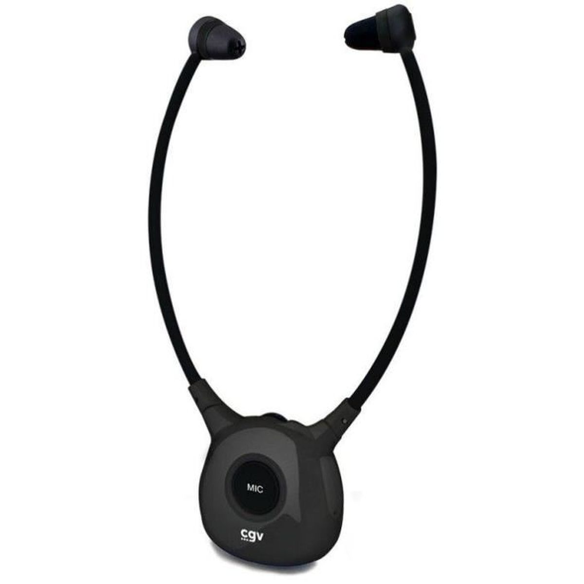 Cuffie a fascia da collo nere con auricolari. La fascia ha un pannello di controllo. Lo sfondo è bianco.