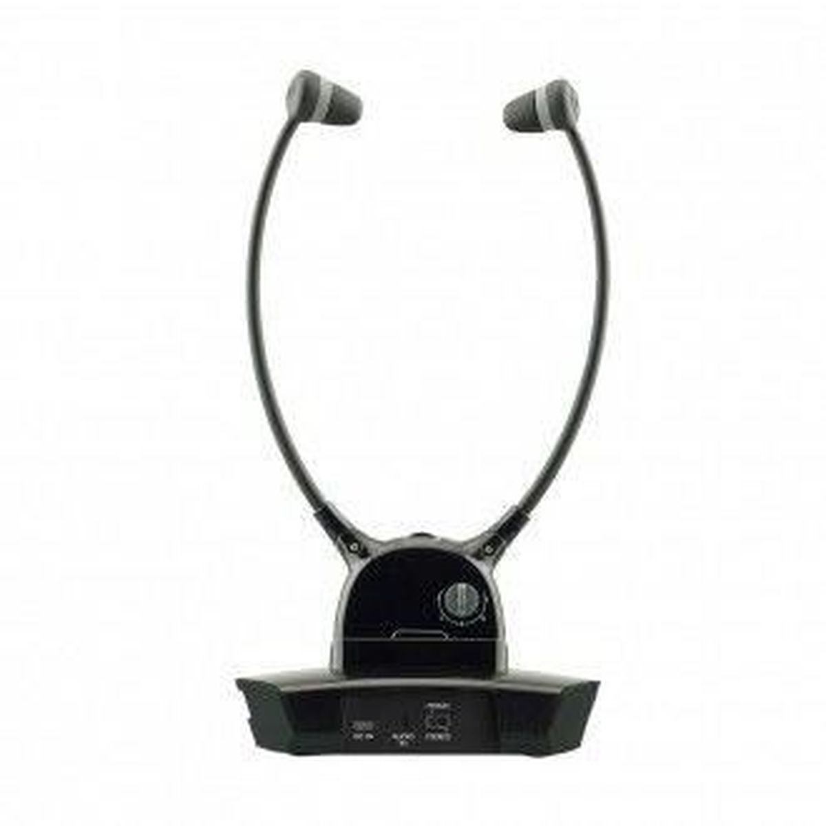 Cuffie TV wireless nere e grigie con stazione base, sfondo bianco.