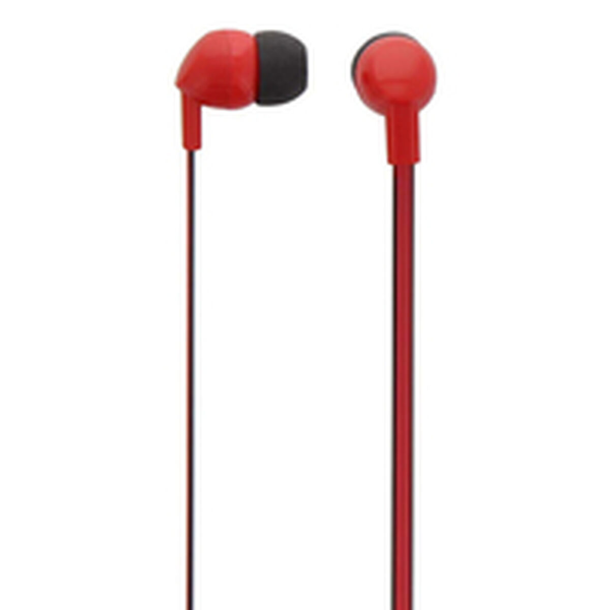 Rote Ohrhörer mit Kabel auf weißem Hintergrund.