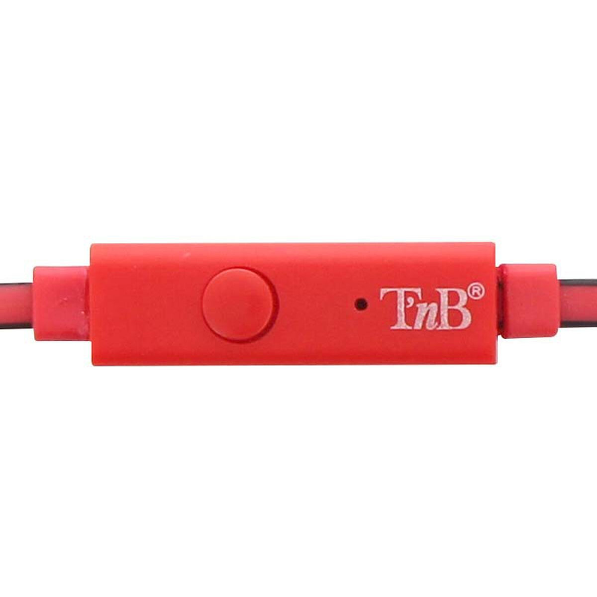 Nahaufnahme einer roten Inline-Fernbedienung mit zentraler Taste und dem Logo 'TnB'.