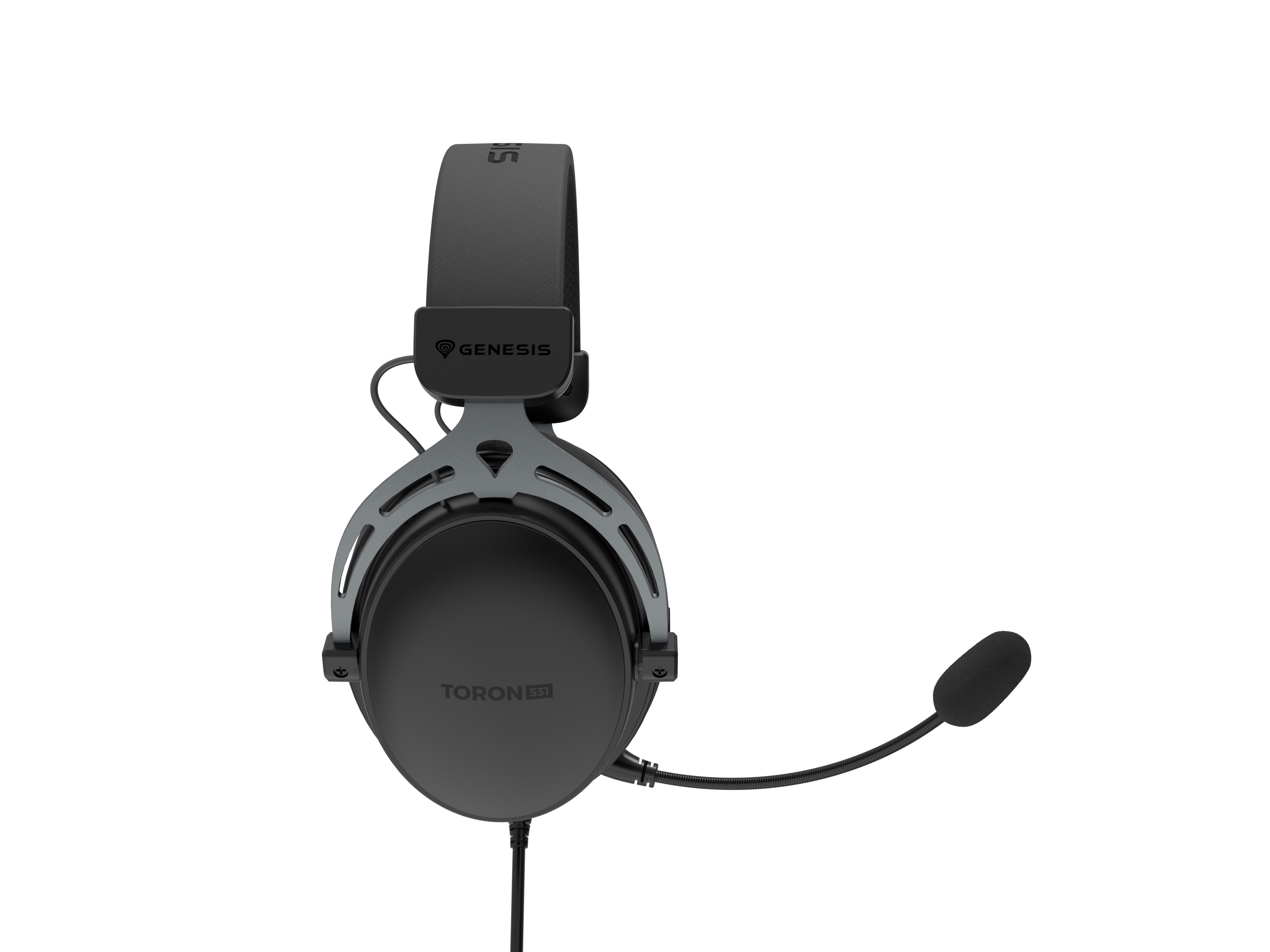 Grau-schwarzes Gaming-Headset mit Mikrofon auf weißem Hintergrund.