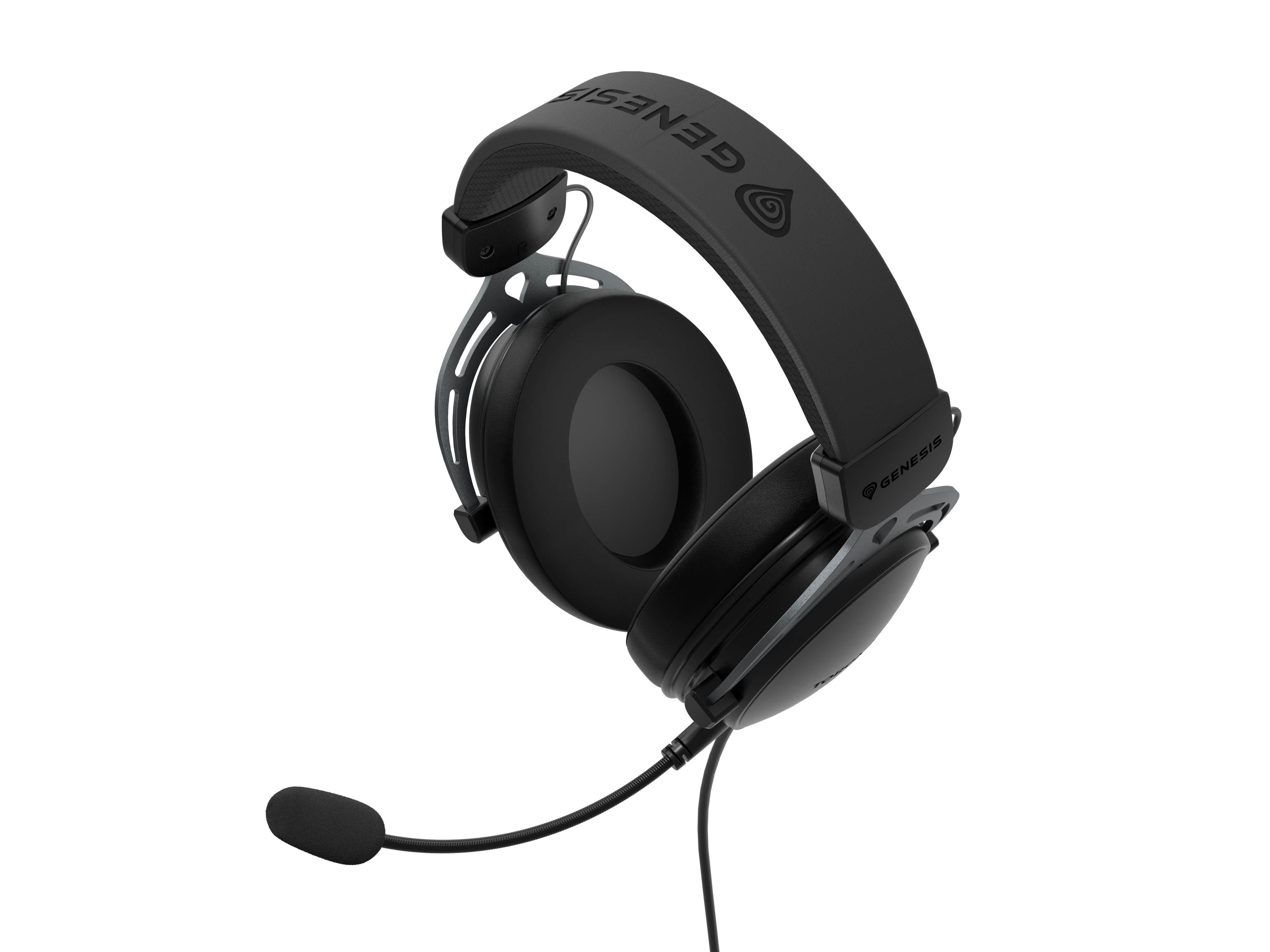 Schwarzes Headset mit Mikrofon, dem Wort Genesis auf dem Bügel, auf Weiß.