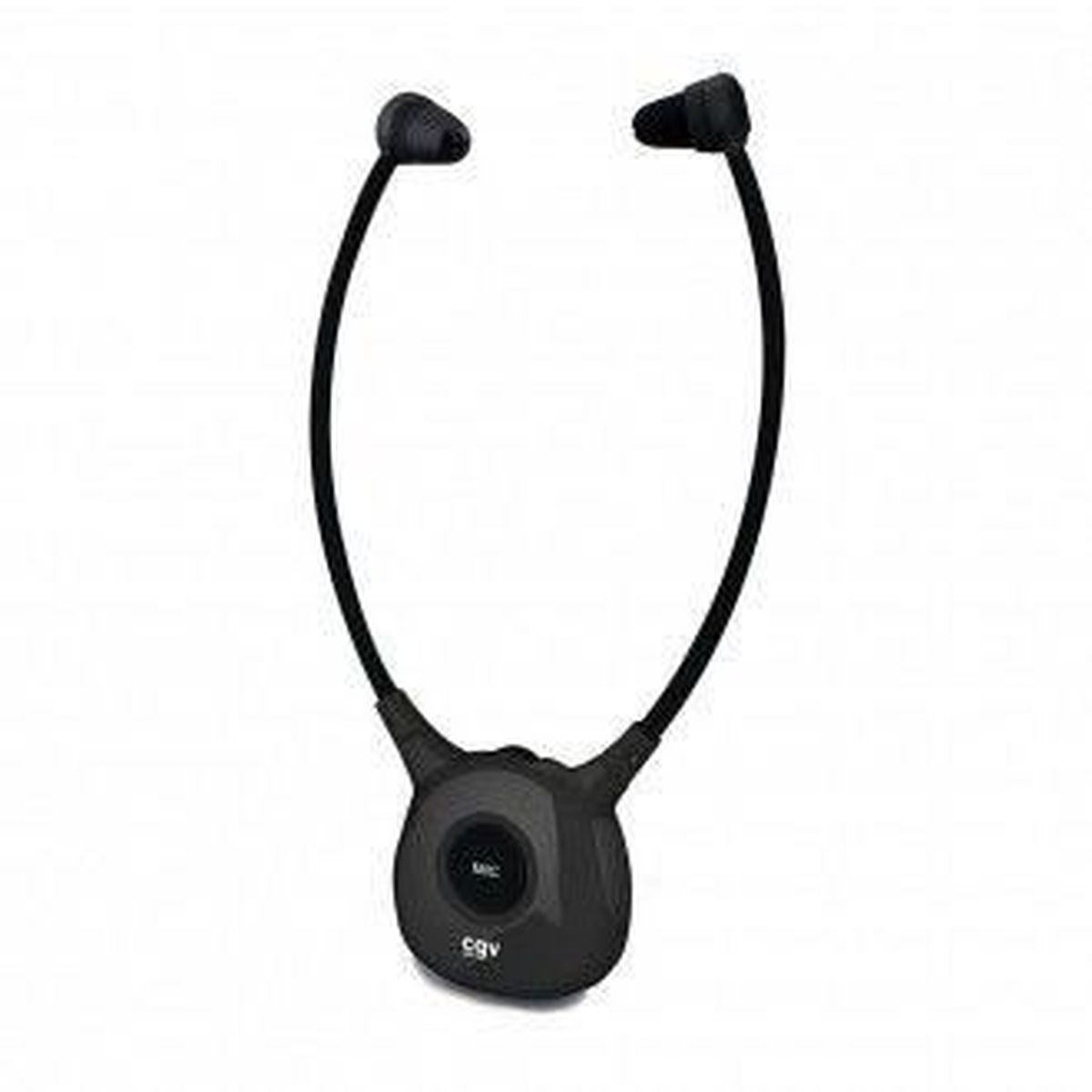 Auricolari a fascia neri con auricolari e un'unità di controllo con microfono.