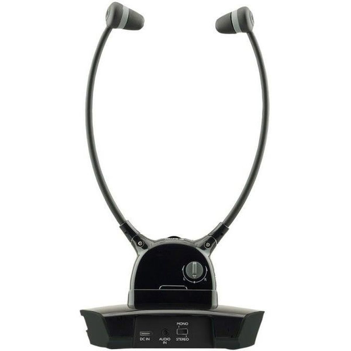 Una base nera con auricolari grigi collegati. La base ha pulsanti e un quadrante con un'icona stereo.