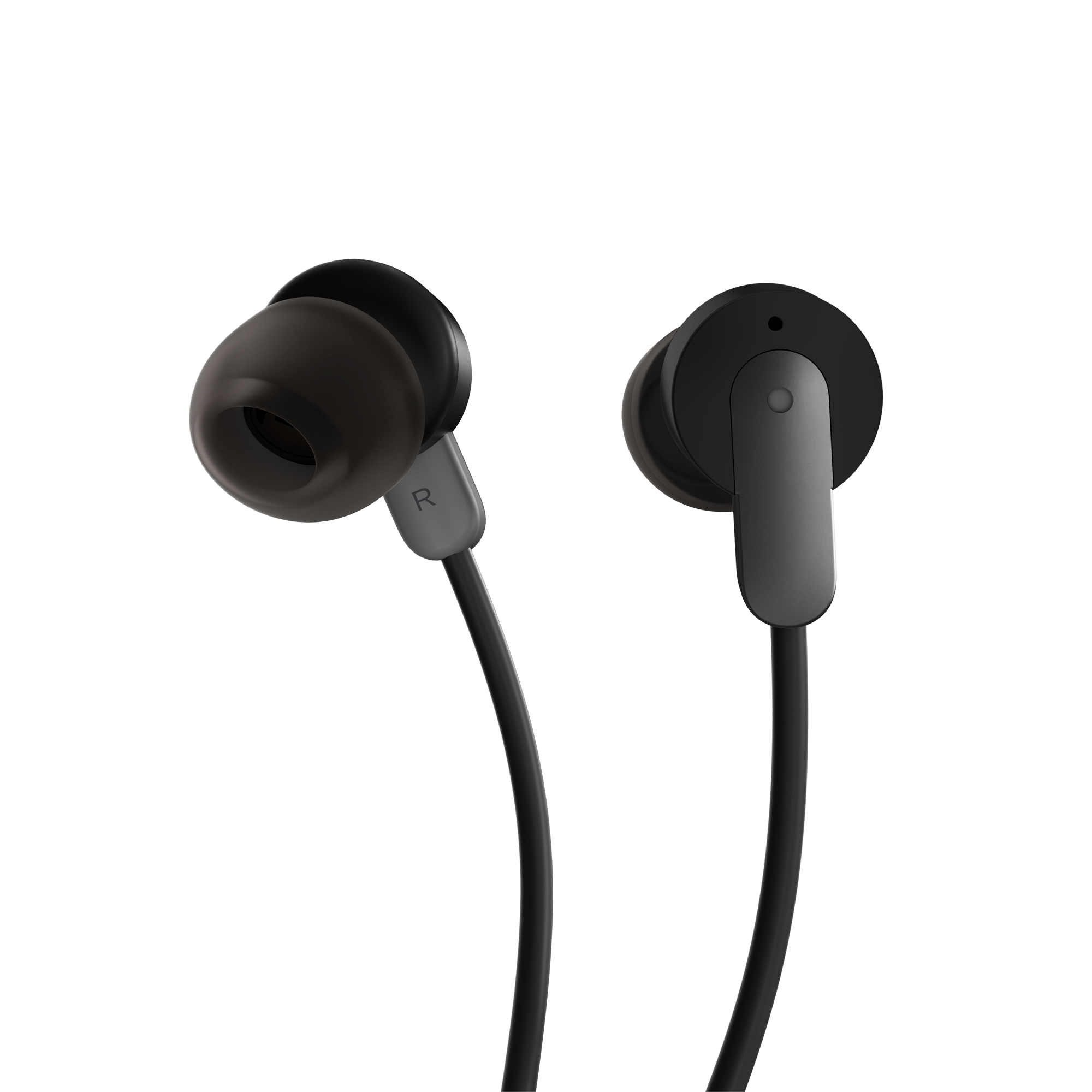 Coppia di auricolari neri con un accento grigio. Gli auricolari hanno un design elegante e minimalista.