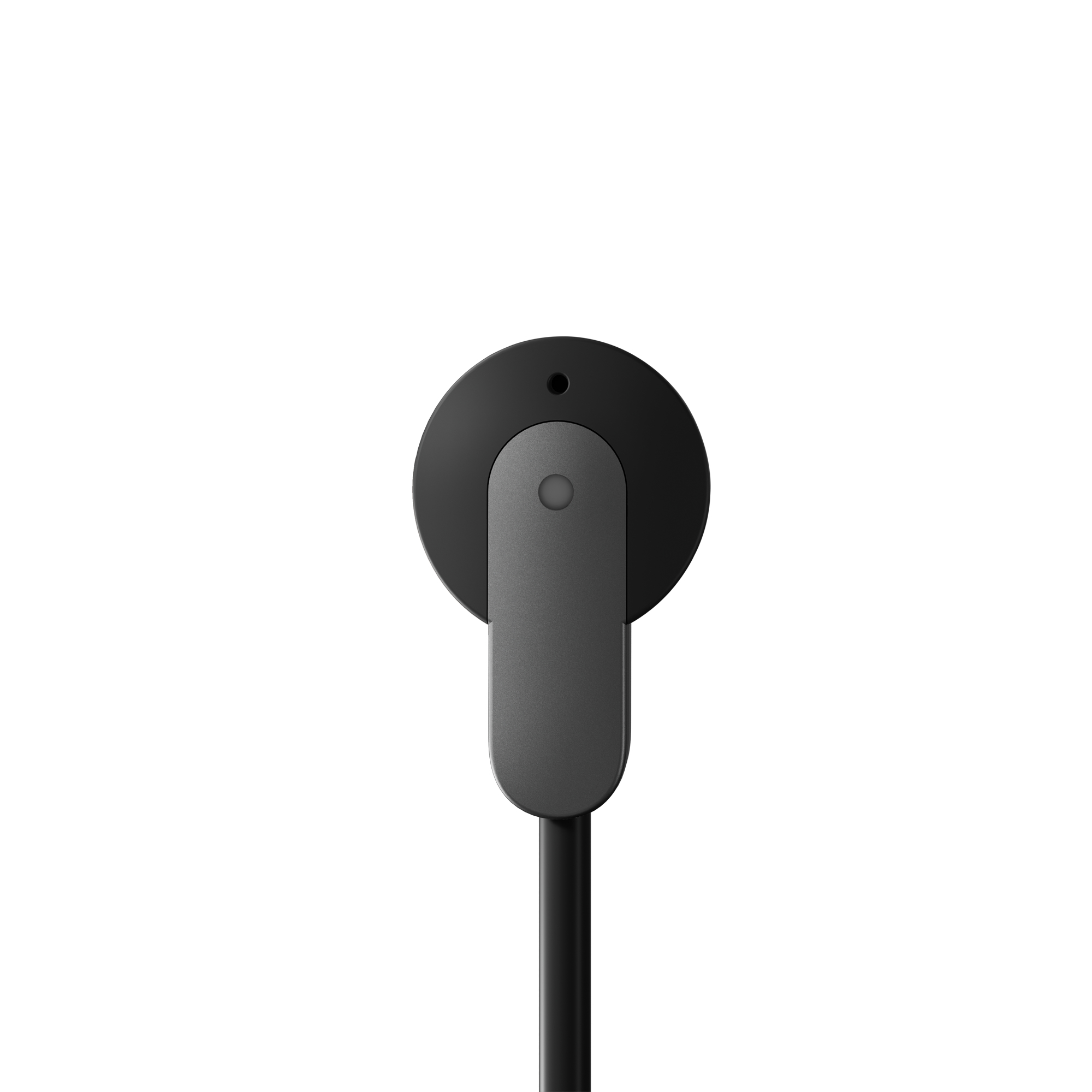 Cuffia in-ear nera. Il design è una parte piatta, rotonda, nera collegata all'auricolare.
