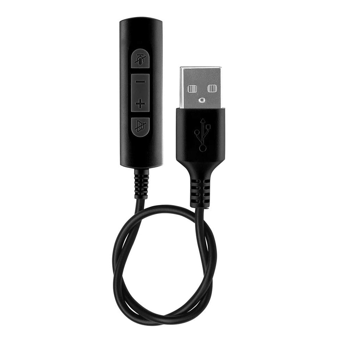 Cavo USB nero con controllo del volume e pulsanti di silenziamento, su uno sfondo bianco.