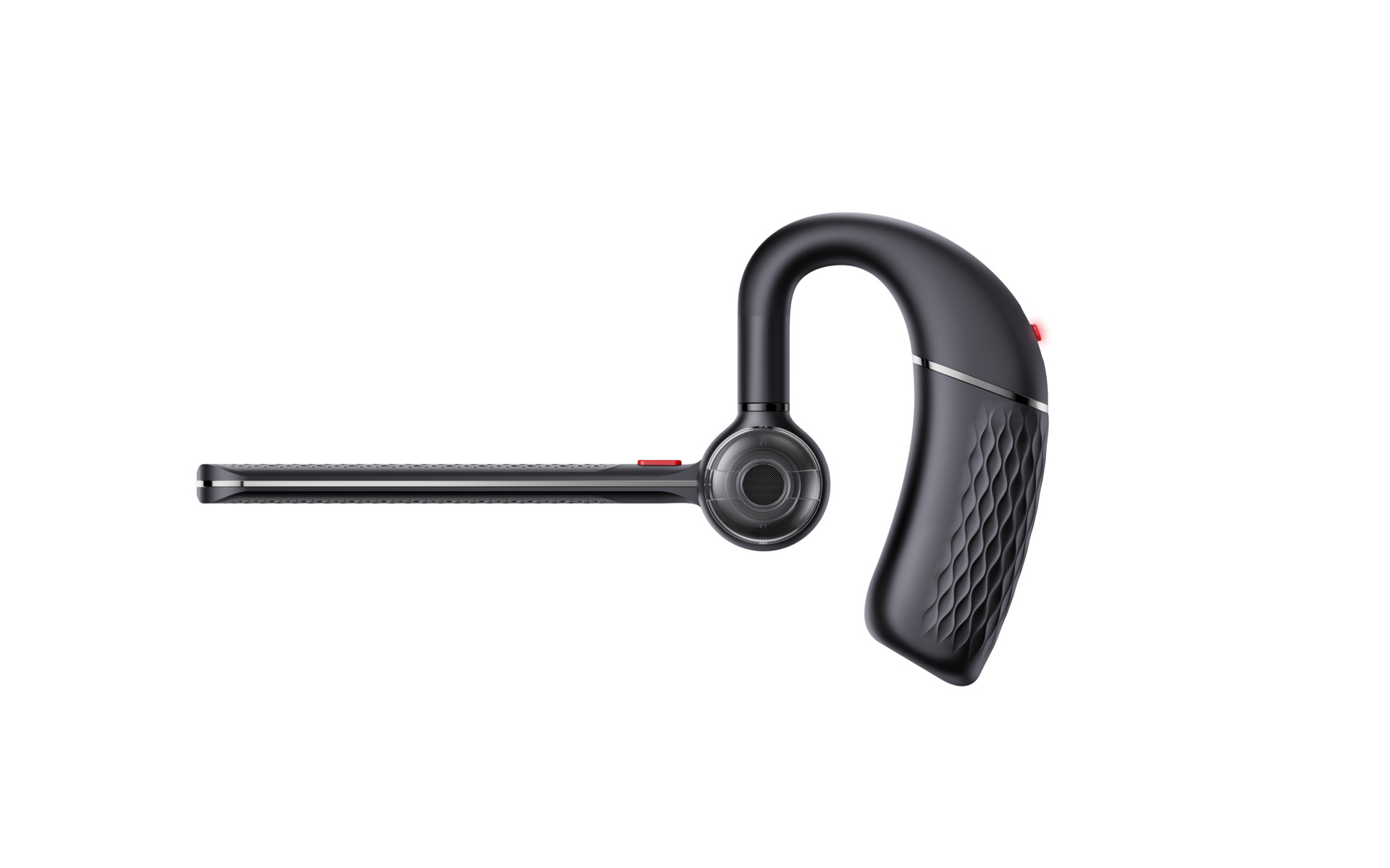 Casque noir avec microphone sur perche, montrant l'écouteur et le bras du micro, sur un fond blanc.