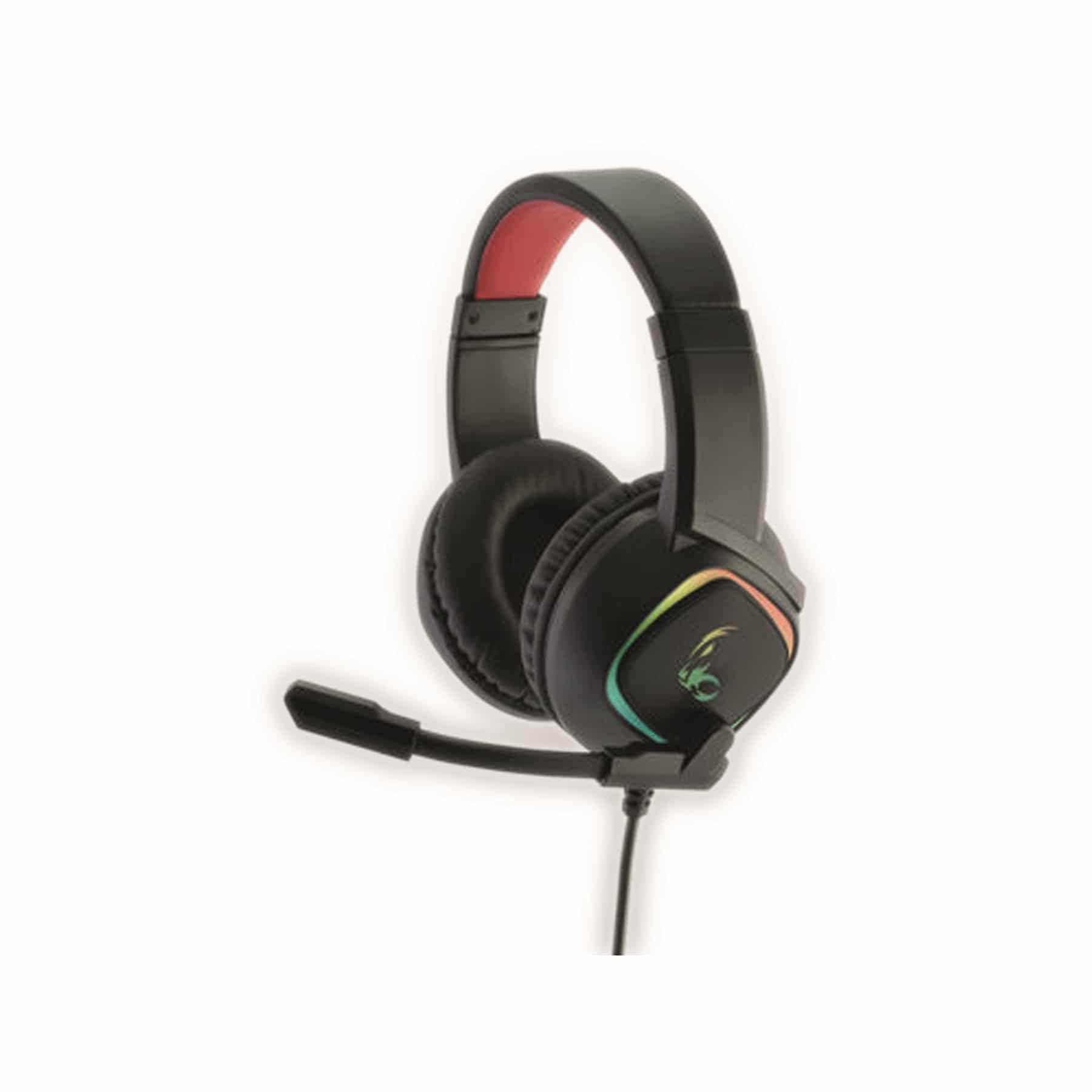 Czarny zestaw słuchawkowy dla graczy z mikrofonem. Ma czerwony i wielokolorowy akcent i leży na białej powierzchni.
