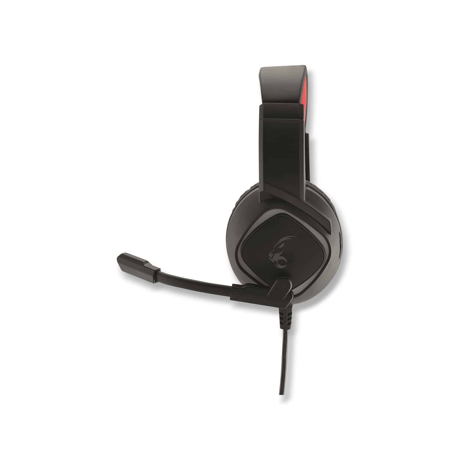 Czarny zestaw słuchawkowy dla graczy z czerwonymi akcentami i mikrofonem.
