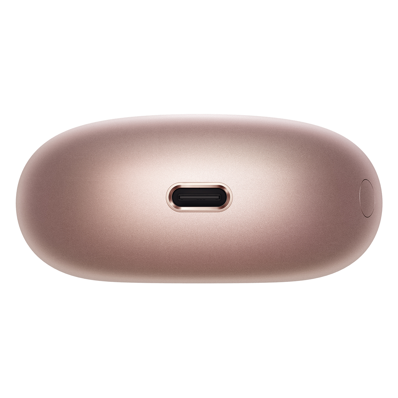 Różowo-złote etui ładujące z portem USB-C. Etui jest owalne i ma gładką powierzchnię.