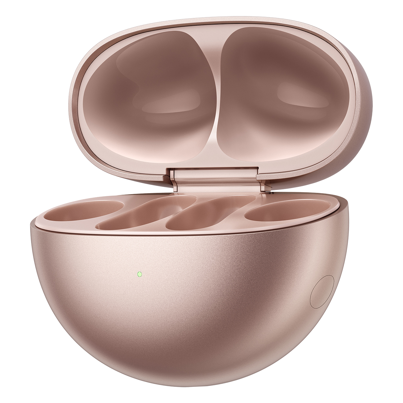 Etui ładujące w kolorze różowego złota do słuchawek. Otwarte, z przegródkami.