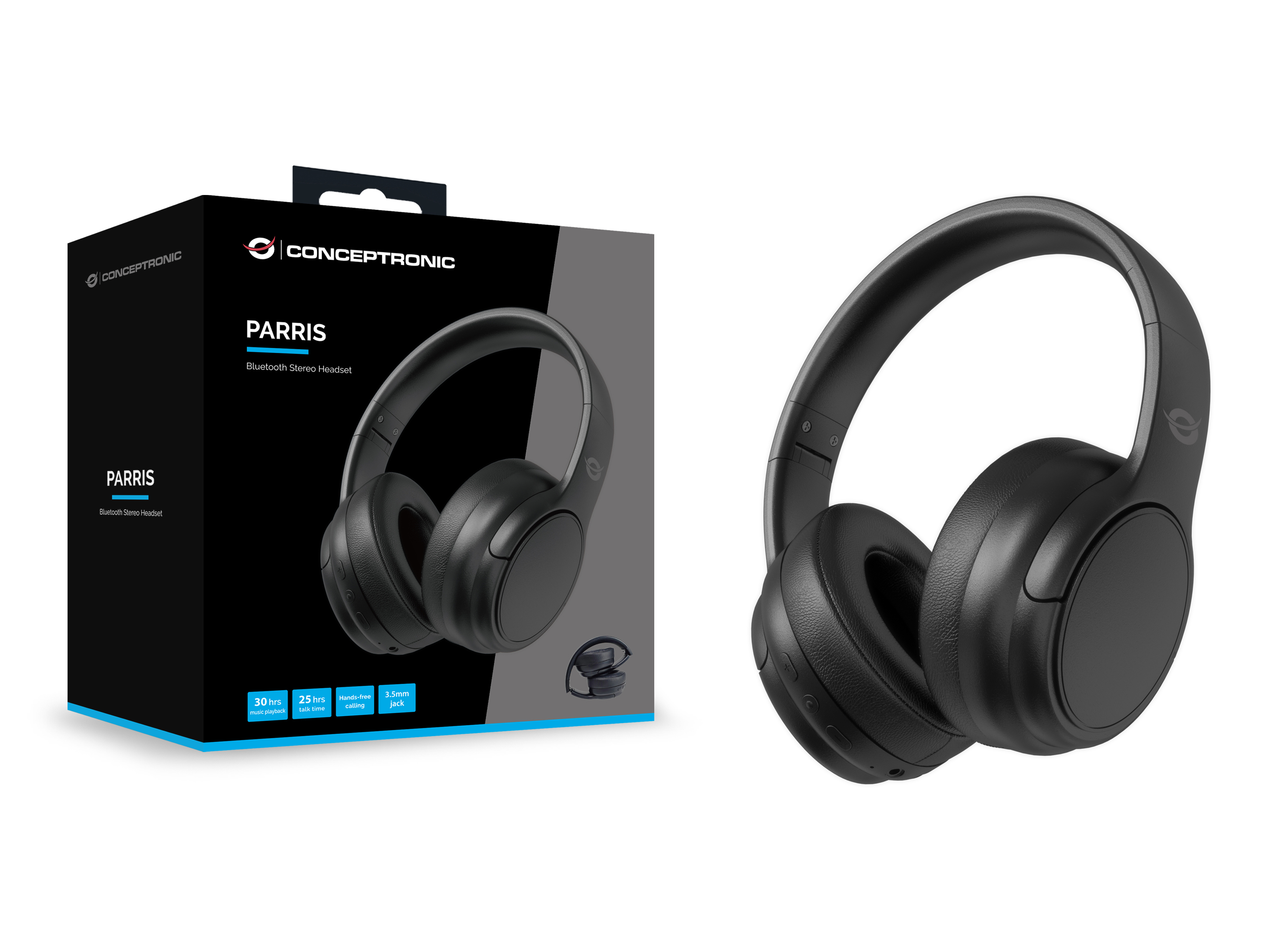 Casque noir avec une boîte. La boîte porte le nom de la marque et une image du casque.