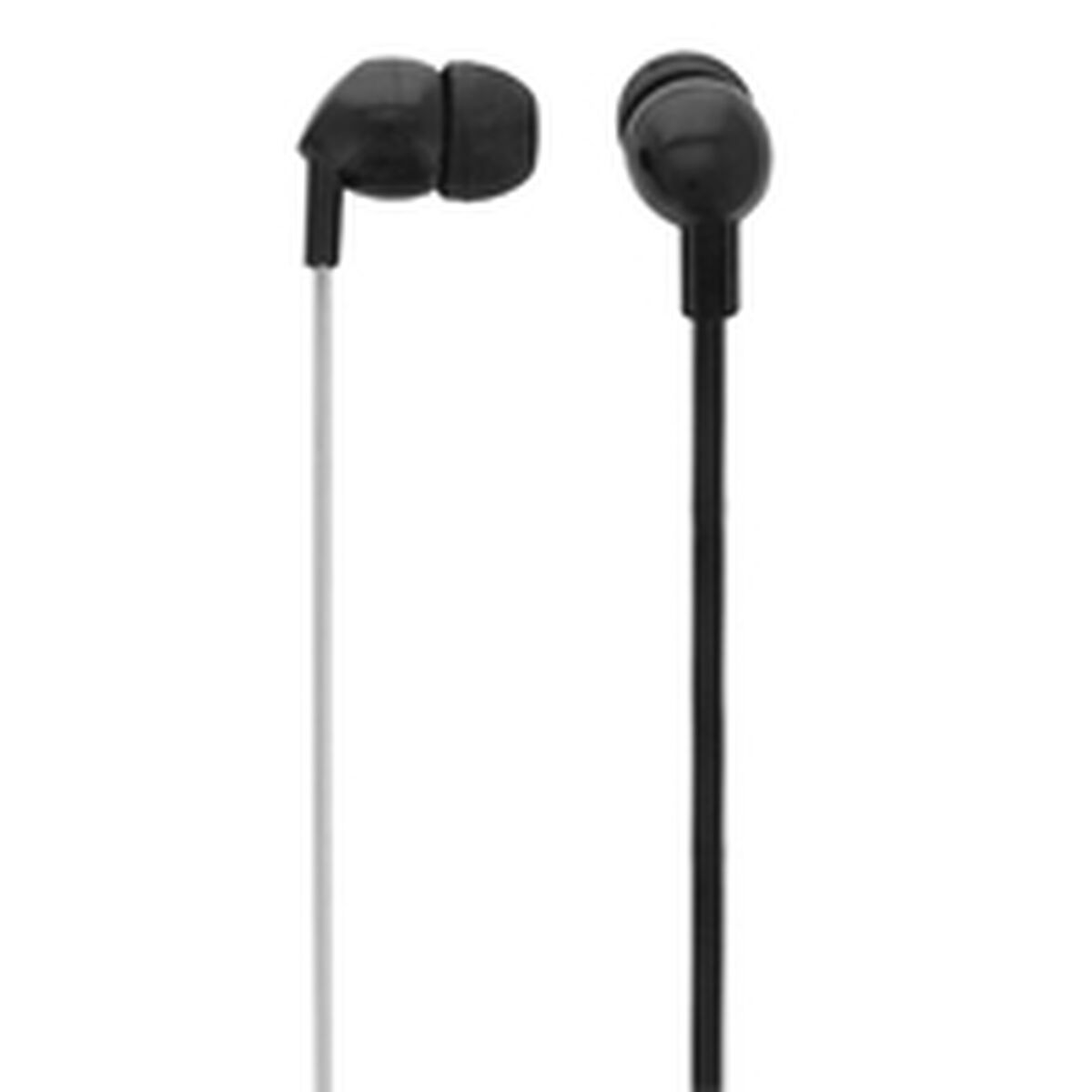 Auricolari neri con fili bianchi e neri, sfondo bianco.