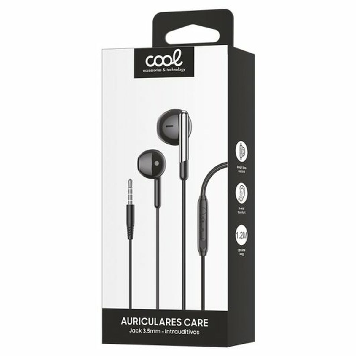 Auriculares en caja. La caja dice 'cool accessories & technology'. Auriculares negros dentro.