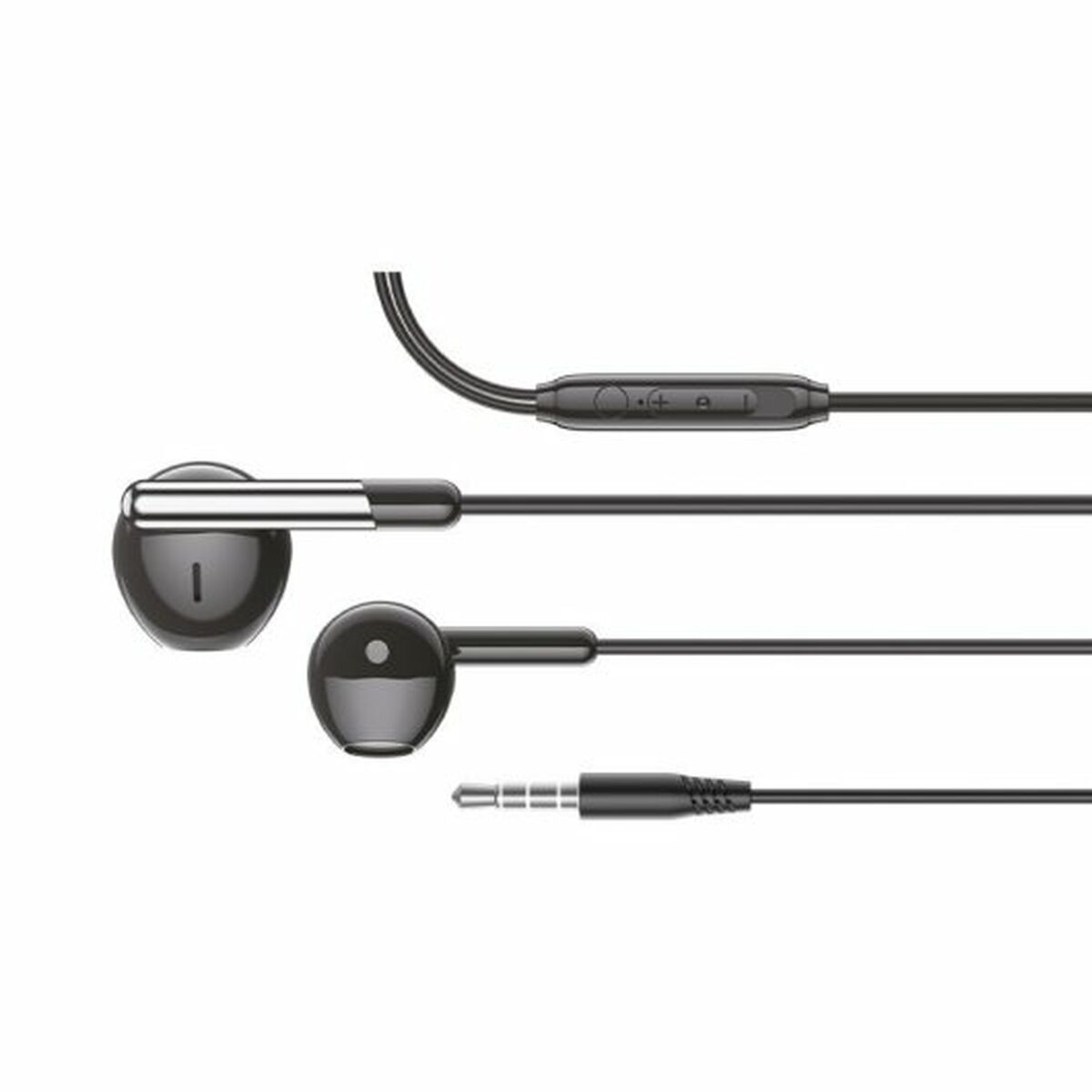 Auriculares con auricular negro, acento plateado y un control. Fondo blanco.