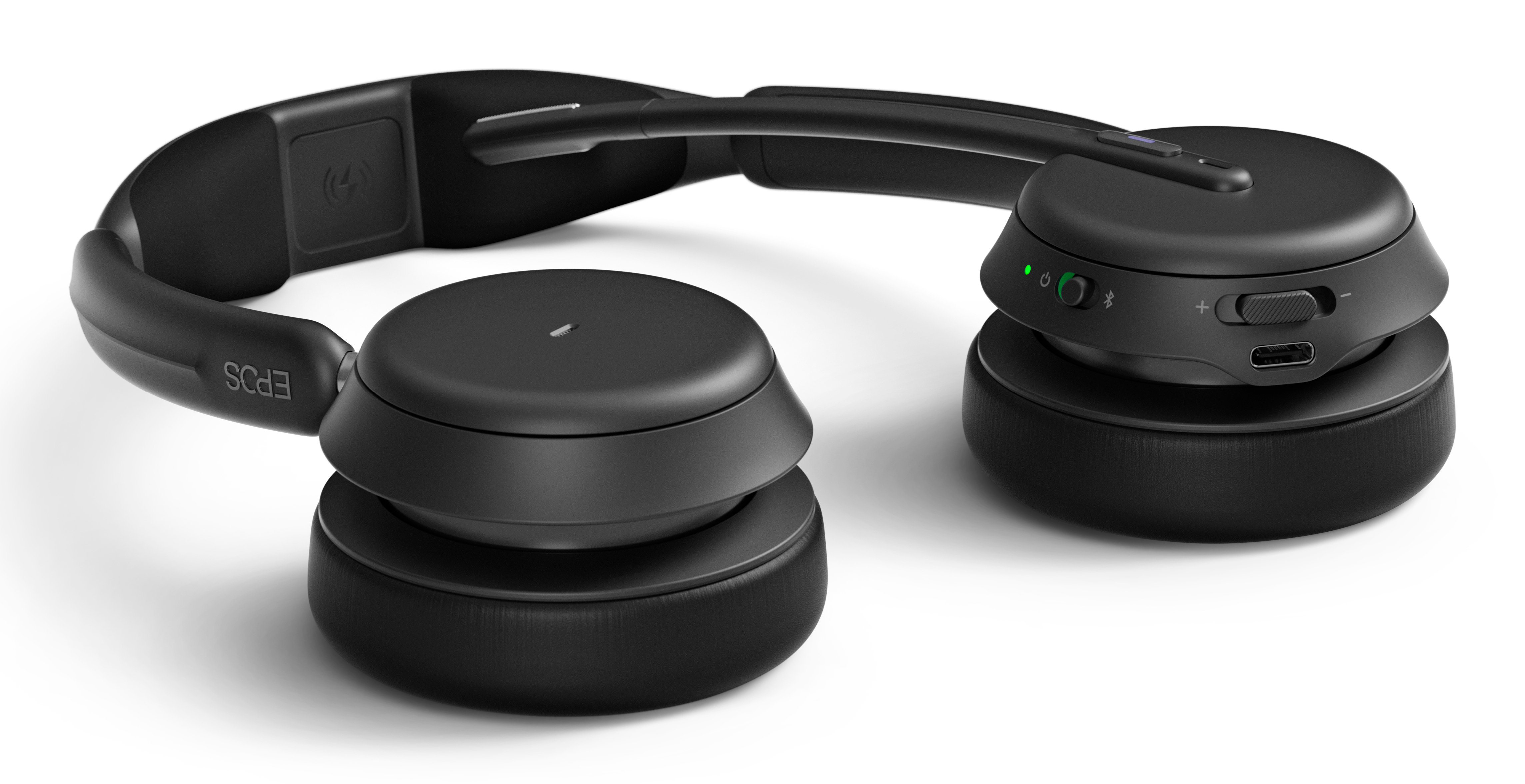 Casque EPOS noir avec panneau de contrôle. Le fond est blanc.