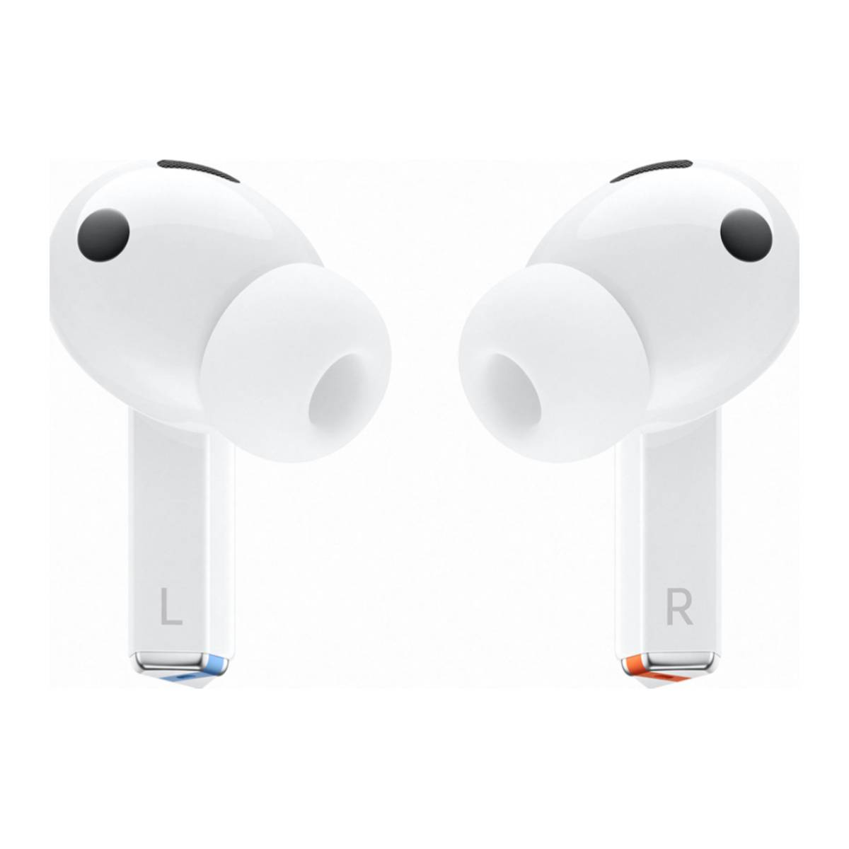 Białe słuchawki douszne z oznaczeniami L i R. L ma niebieski akcent, a R pomarańczowy.