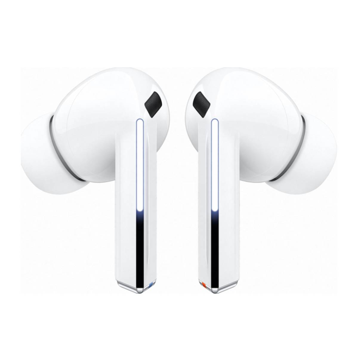 Para białych bezprzewodowych słuchawek z czarnym akcentem i małym portem ładowania.