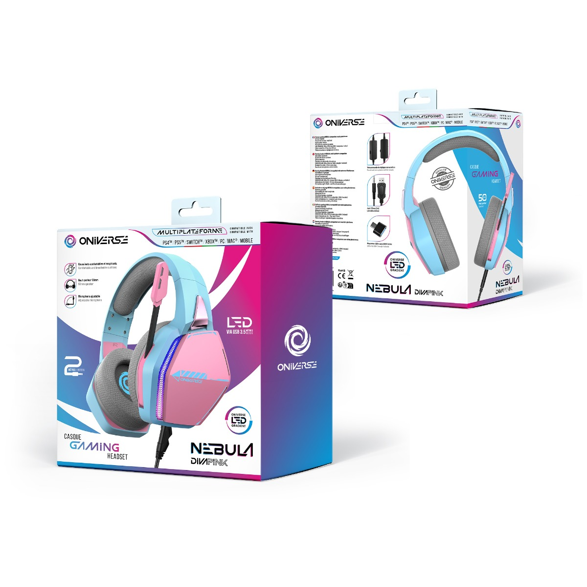Hoofdtelefoons in twee dozen. De dozen hebben de hoofdtelefoons in roze en blauw.