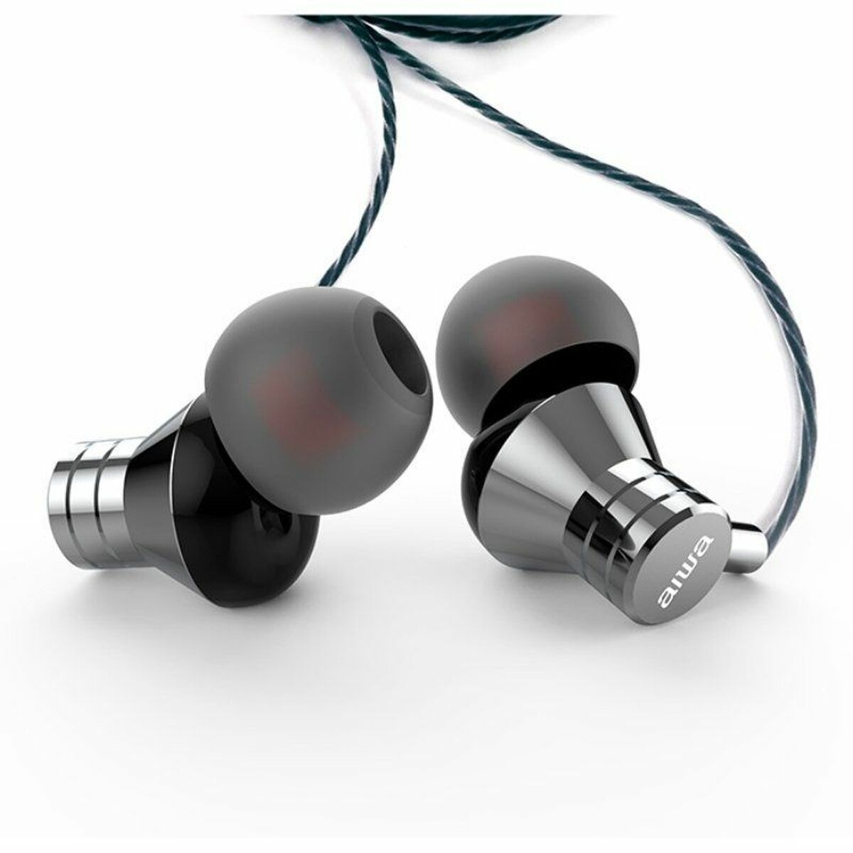 Black and silver earphones with red detailing and a cable, on a white background.