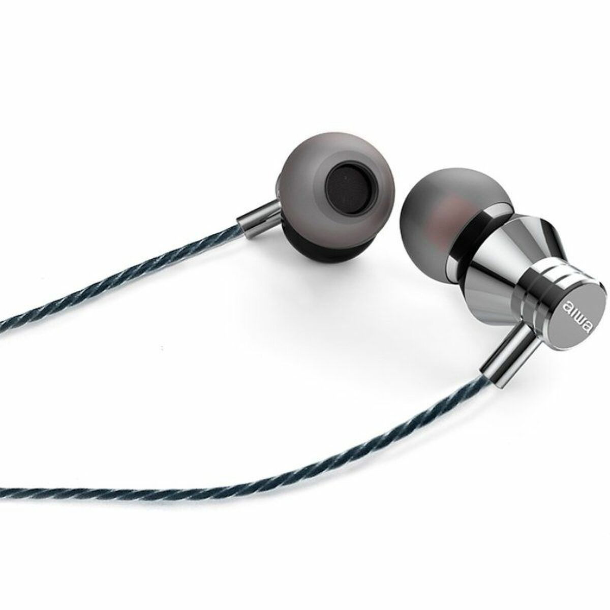 Gray earbuds with a dark blue cable, on a white surface.