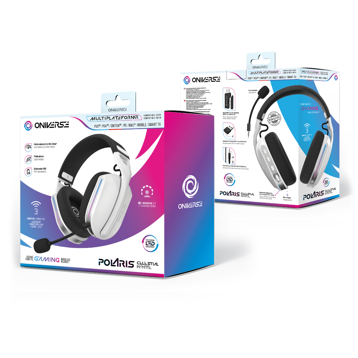 Dwa pudełka słuchawek dla graczy. Pudełka są białe i kolorowe, pokazujące słuchawki.