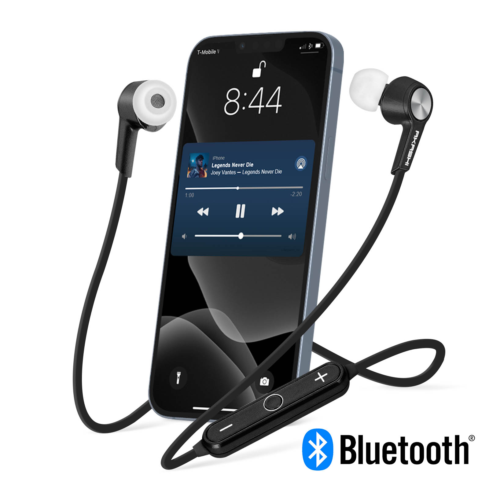 Écouteurs, connectés à un téléphone jouant de la musique, avec un logo Bluetooth.