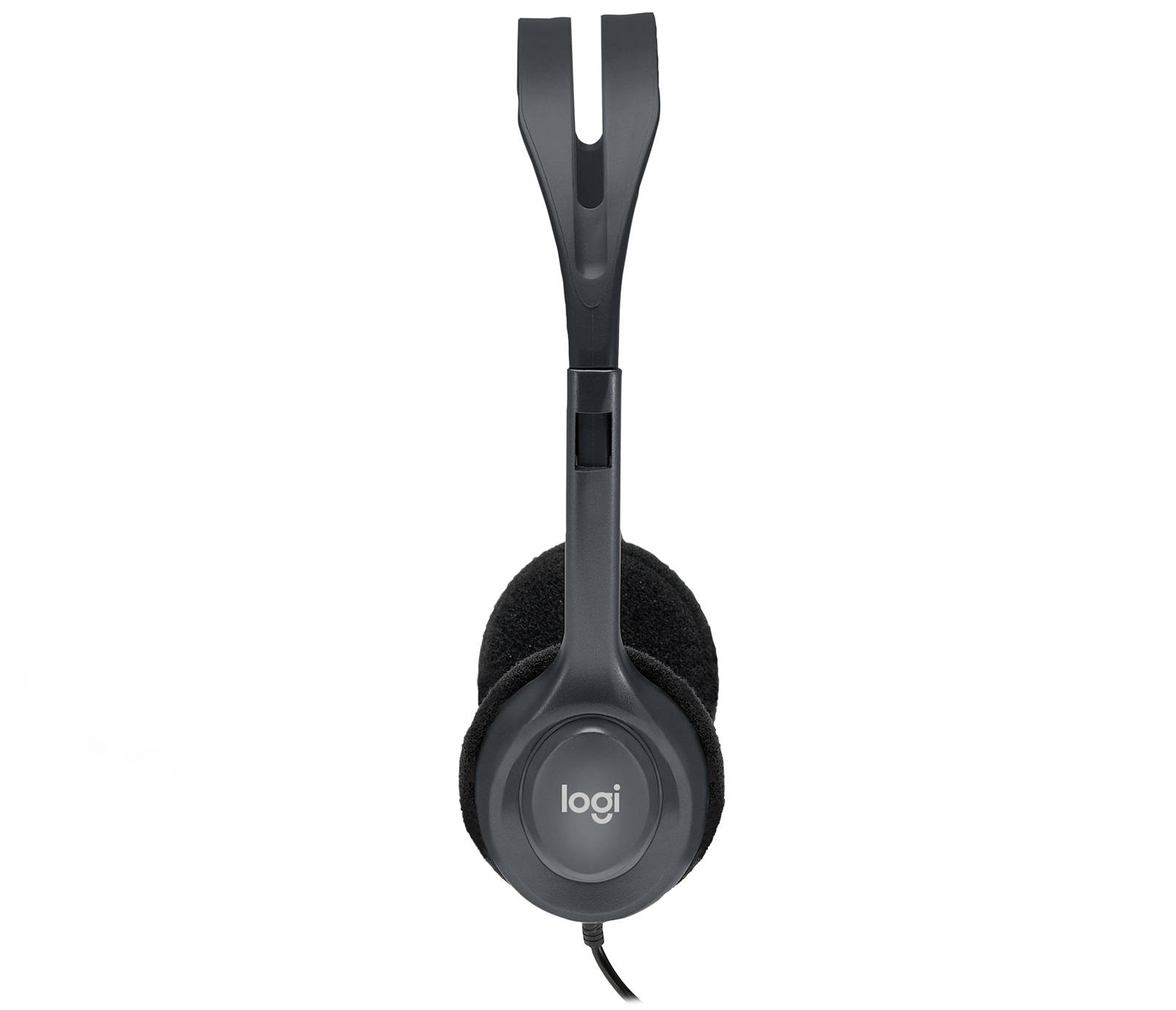 Cuffie Logitech nere frontali, padiglioni in schiuma nera, sfondo bianco.