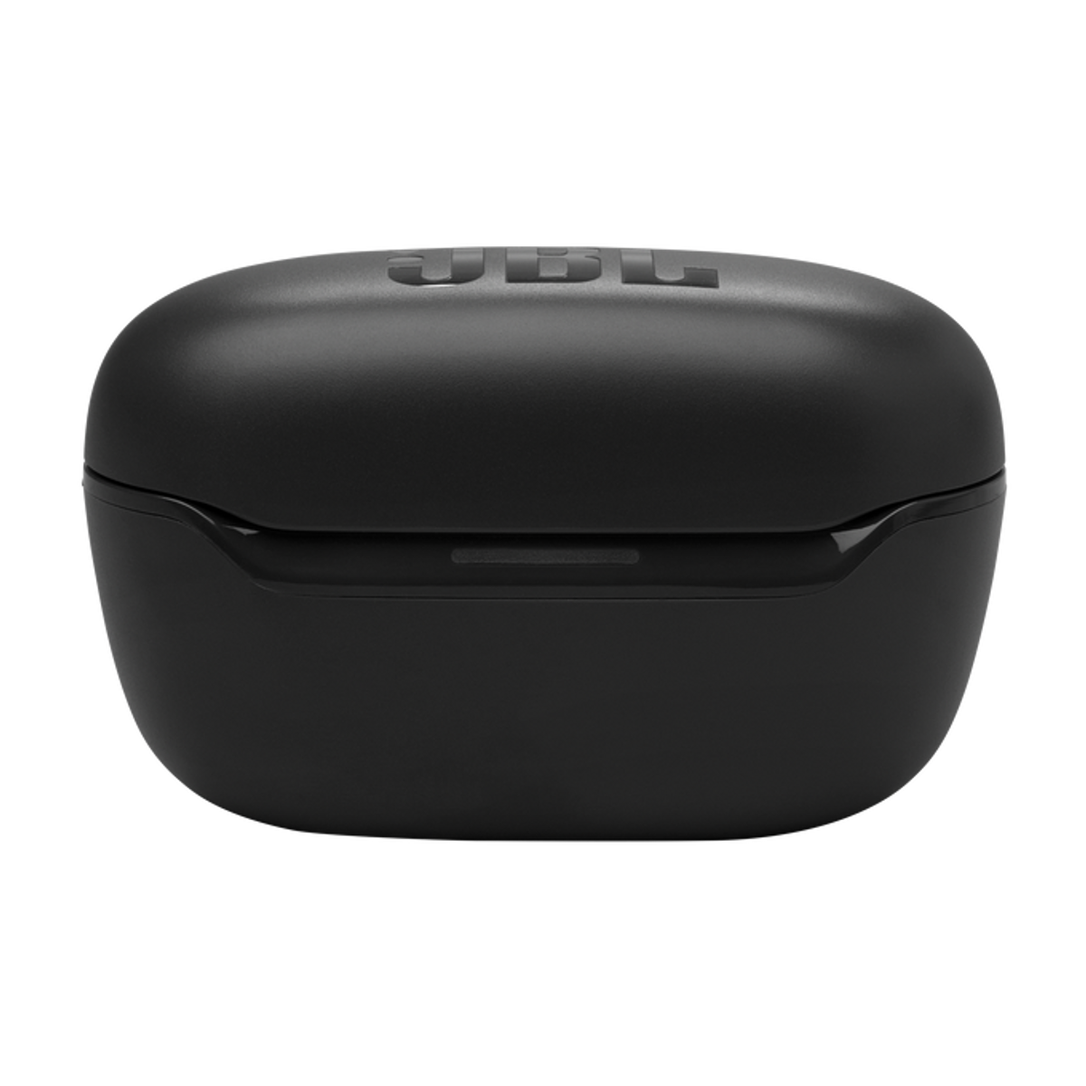 Czarny, zamknięty futerał na słuchawki JBL. Logo JBL znajduje się na górze. Etui na czarnym tle.