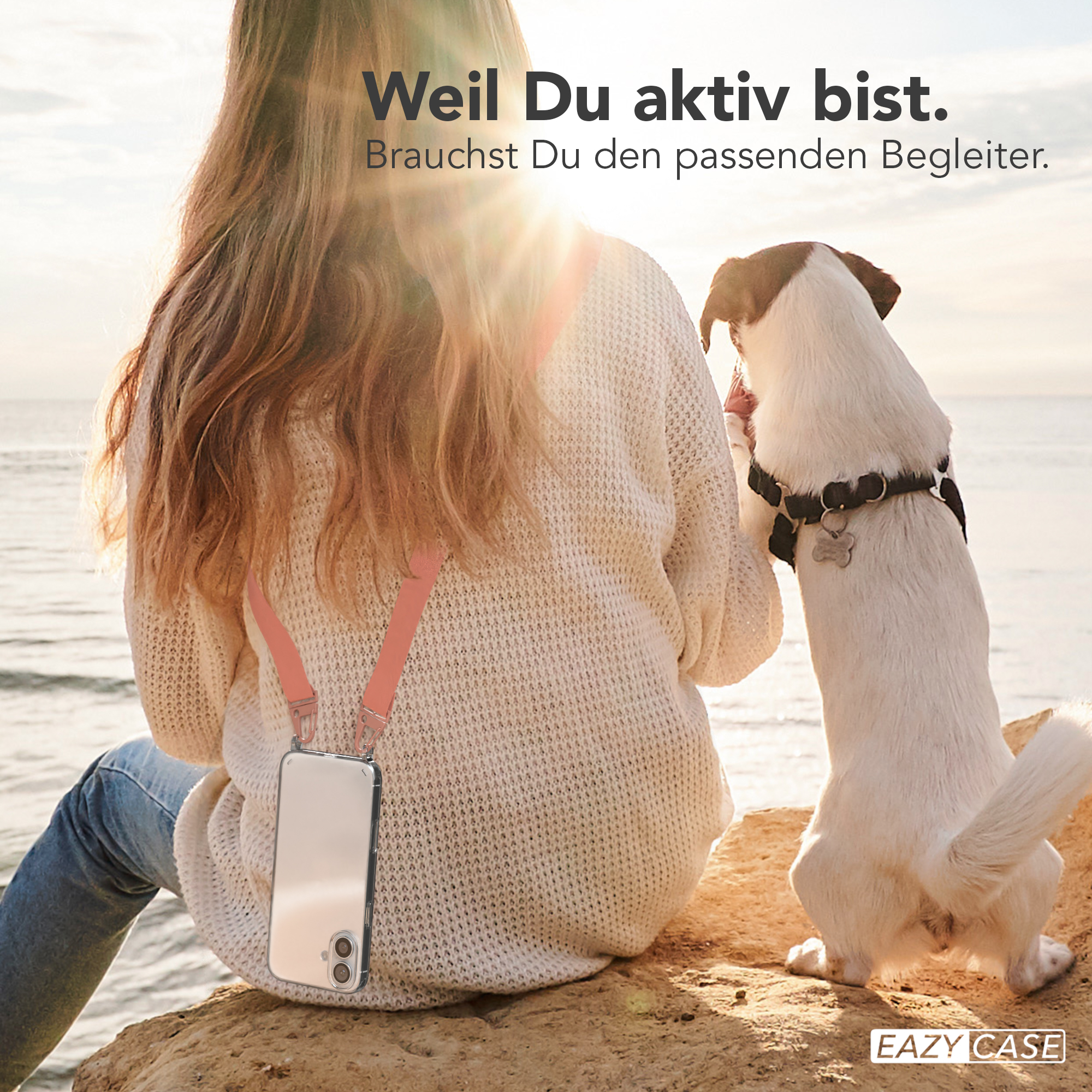 Frau mit Handy und Hund auf einem Felsen. Text: 'Weil Du aktiv bist.'