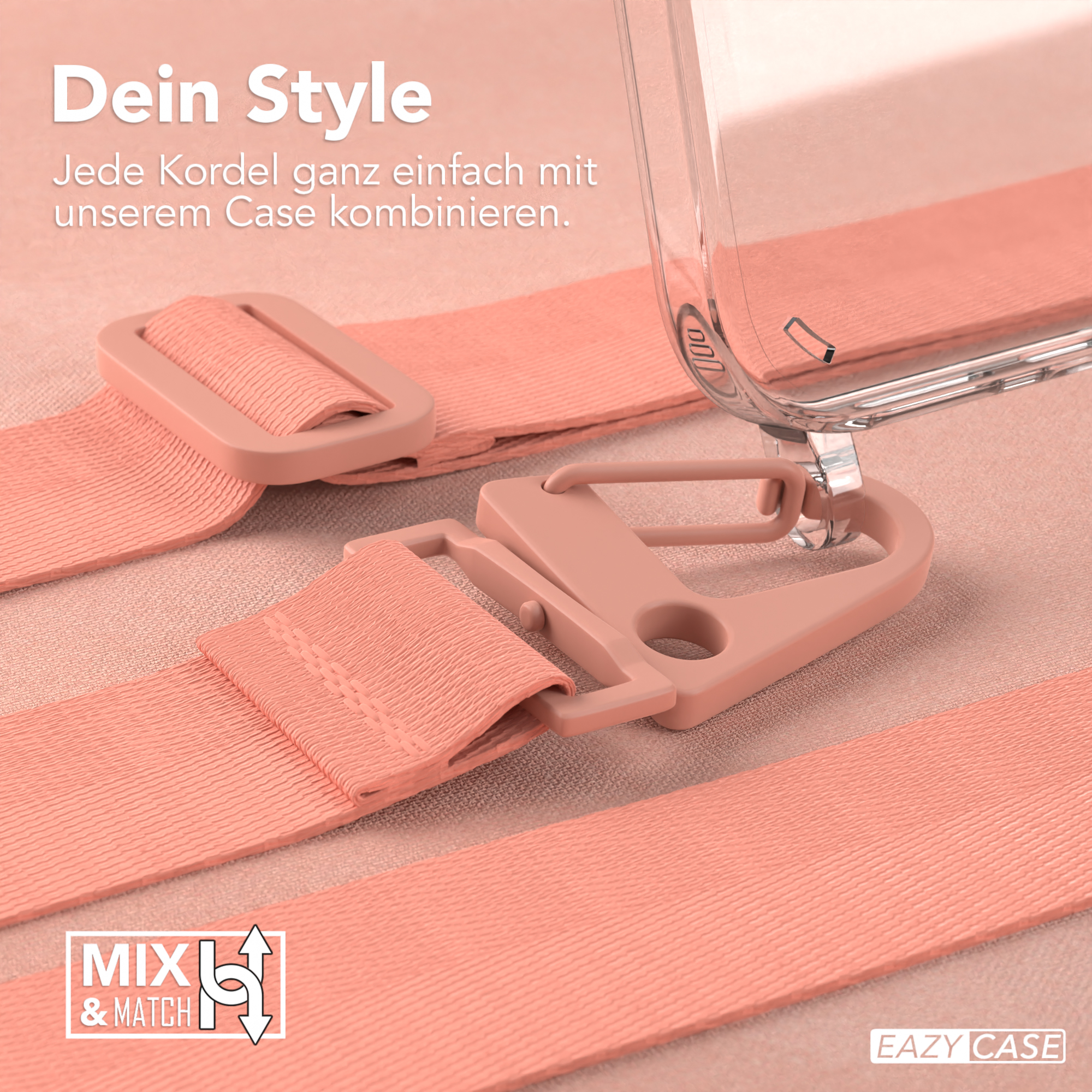Rosa Handytasche mit Anschlüssen, Hülle im Hintergrund. Text: Dein Style.