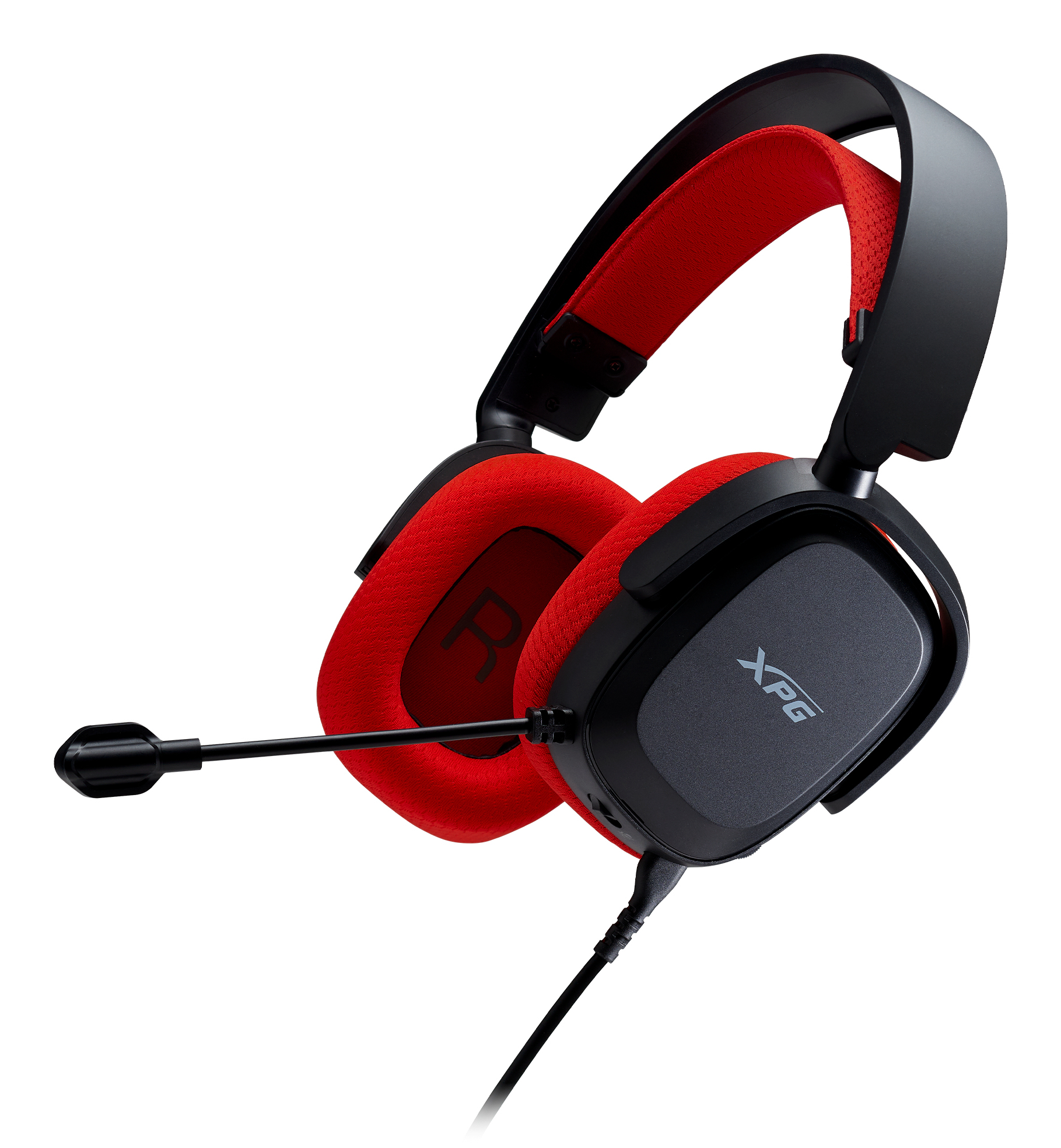 Cuffie XPG rosse e nere con microfono. Ha padiglioni e fascia imbottiti.