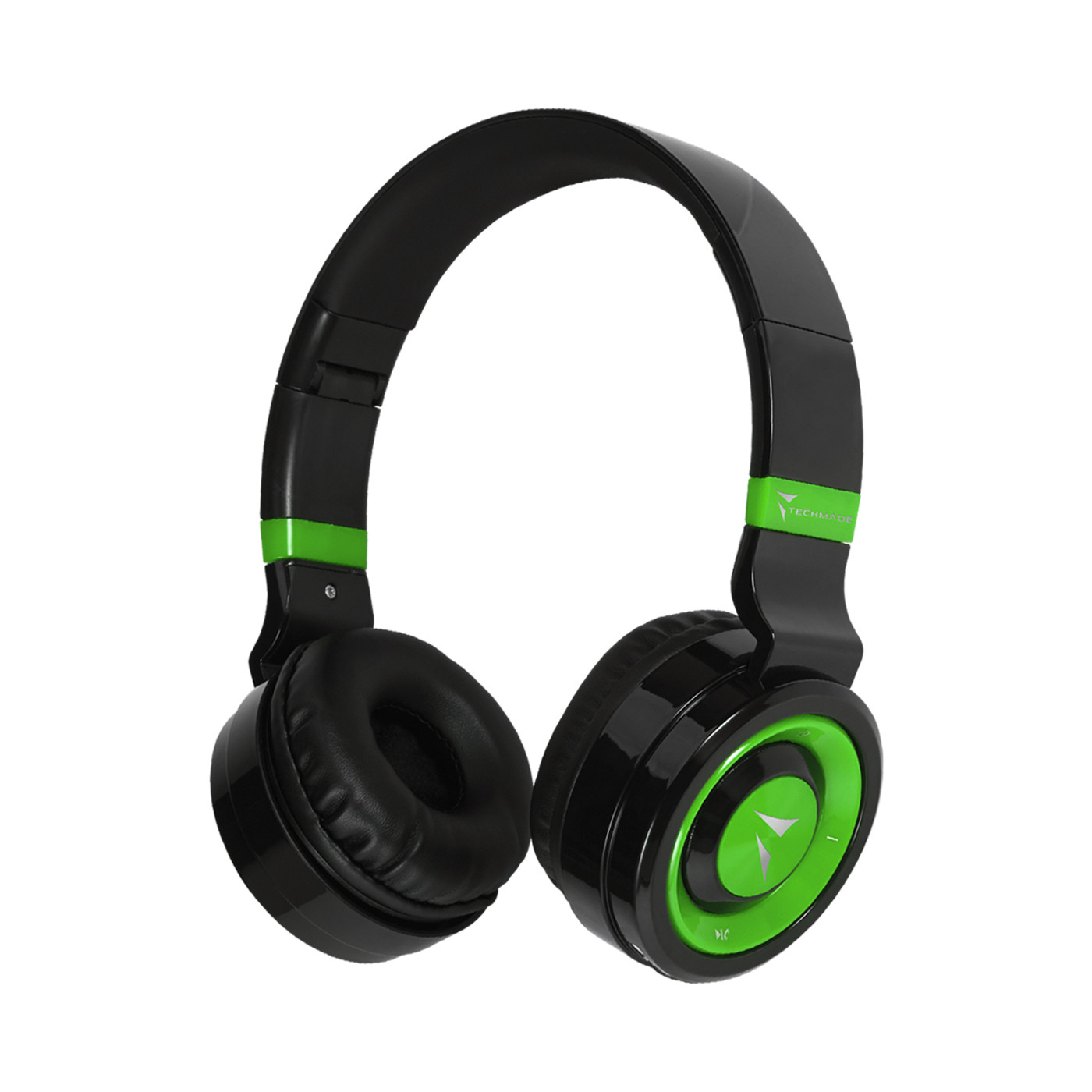 Cuffie TECHMADE nere e verdi. Sfondo bianco.