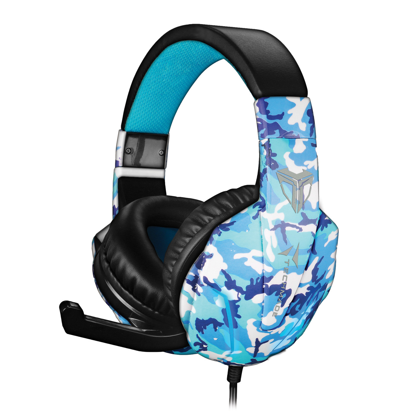 Cuffie da gioco mimetiche blu e nere. Sfondo bianco. Include un microfono.