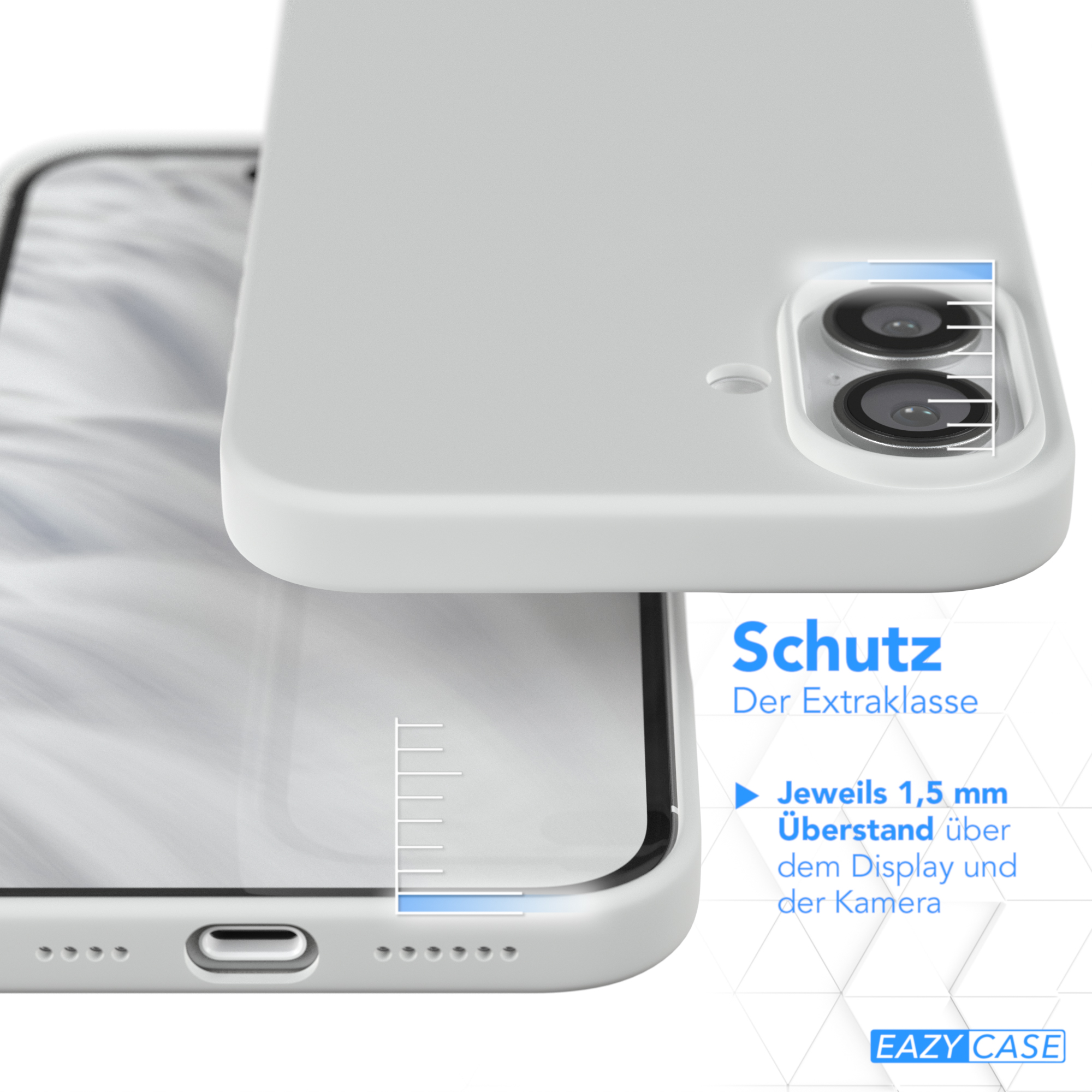 Weiße Handyhülle mit Telefon darin. Details der Kameraausschnitte und des Bildschirms.