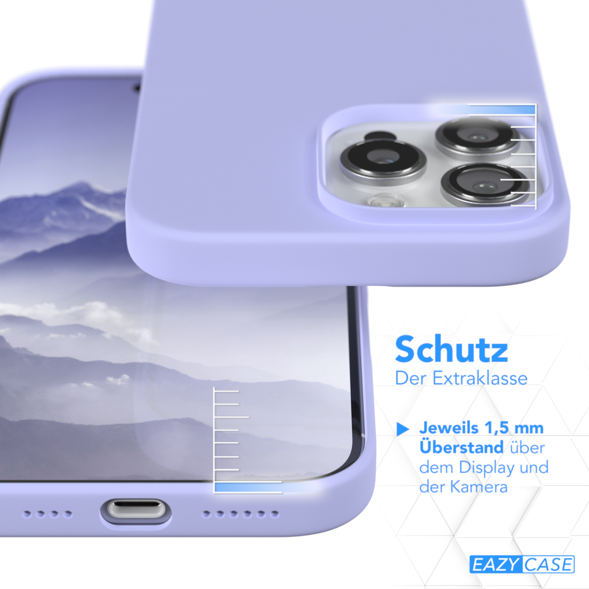 Eine hellviolette Handyhülle. Das Bild zeigt, wie die Hülle die Kanten des Telefons schützt.