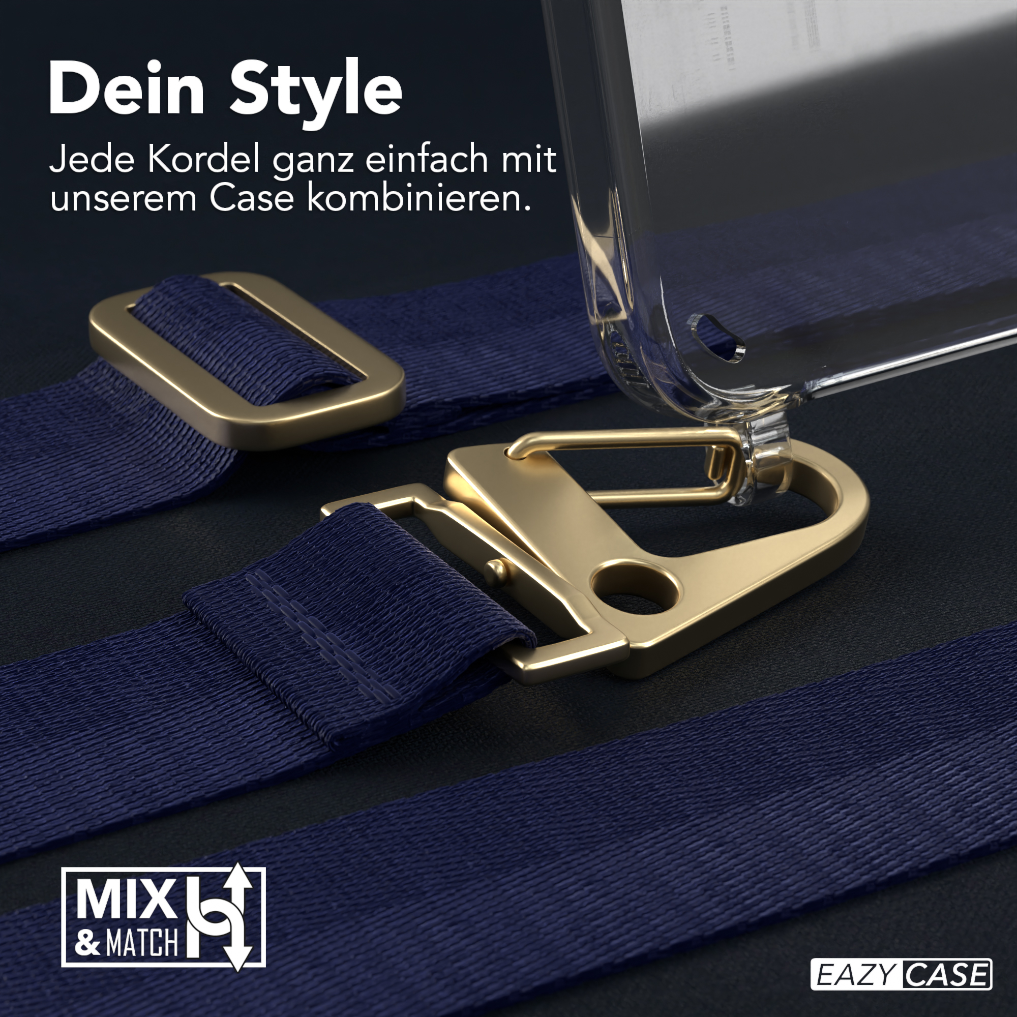 Marineblauer Riemen und goldfarbene Verschlüsse. Text: Dein Style, Eazy Case Logo, MXL & MATCH Logo.