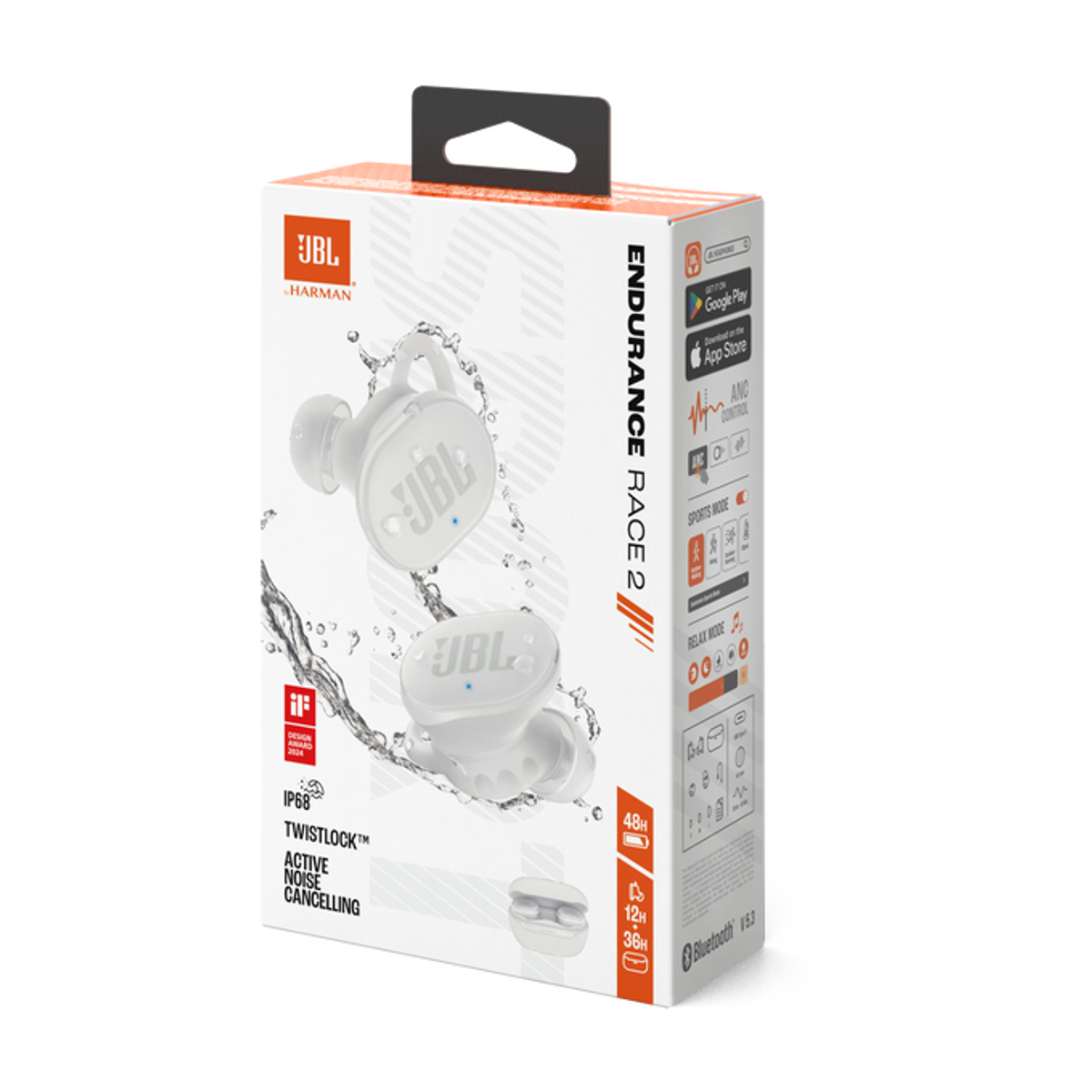 Weiße JBL-Kopfhörer in einer Box. Die Box hat Text und Grafiken, die das Produkt zeigen.