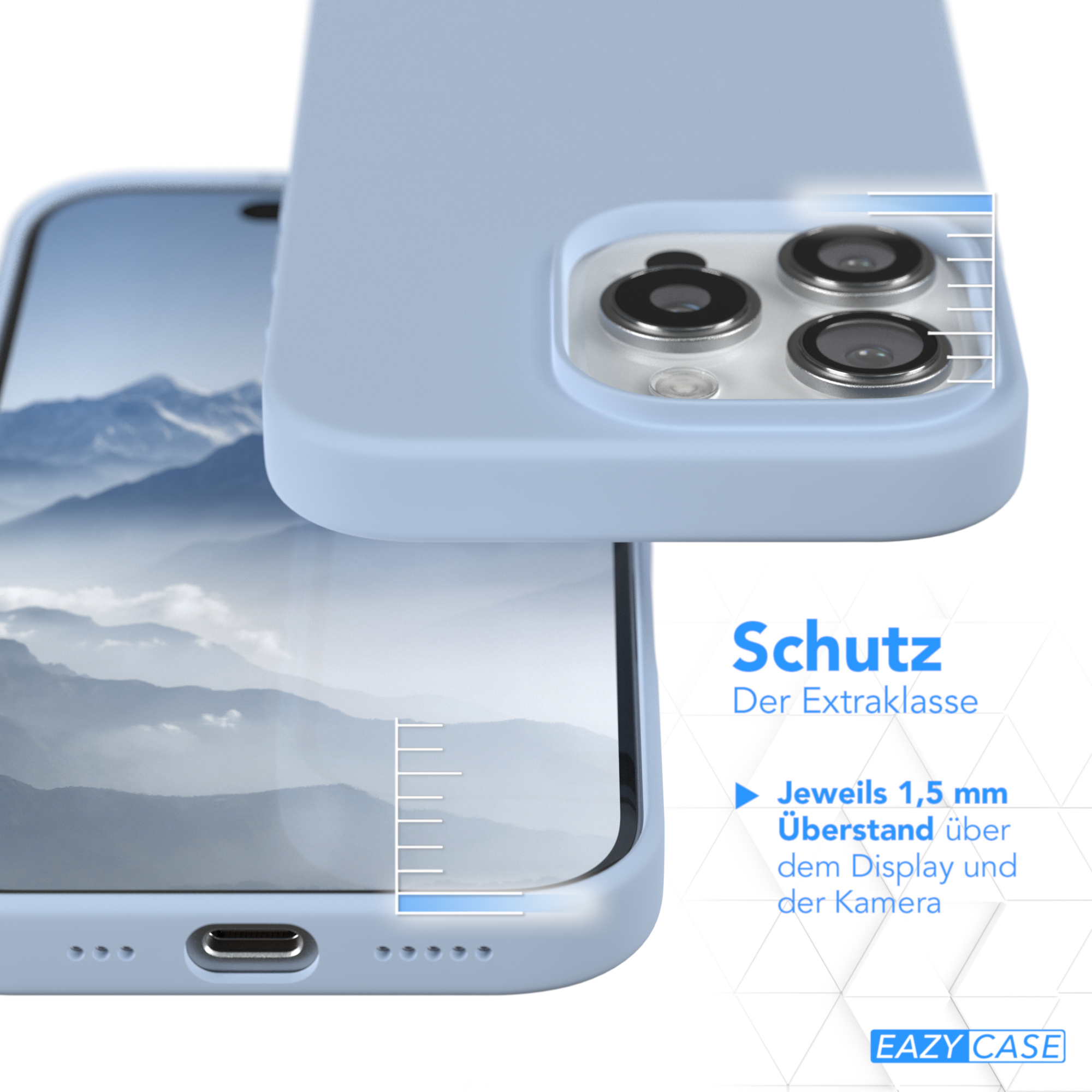 Eine hellblaue Handyhülle auf einem blauen Handy. Text sagt 'Schutz Der Extraklasse'. 1,5 mm Display- und Kameraschutz.