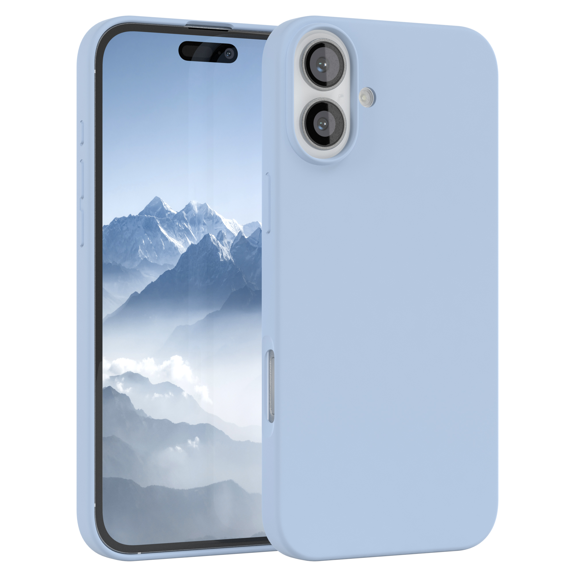 Ein hellblaues Telefon mit zwei Kameras. Der Bildschirm zeigt ein verschwommenes Bild.