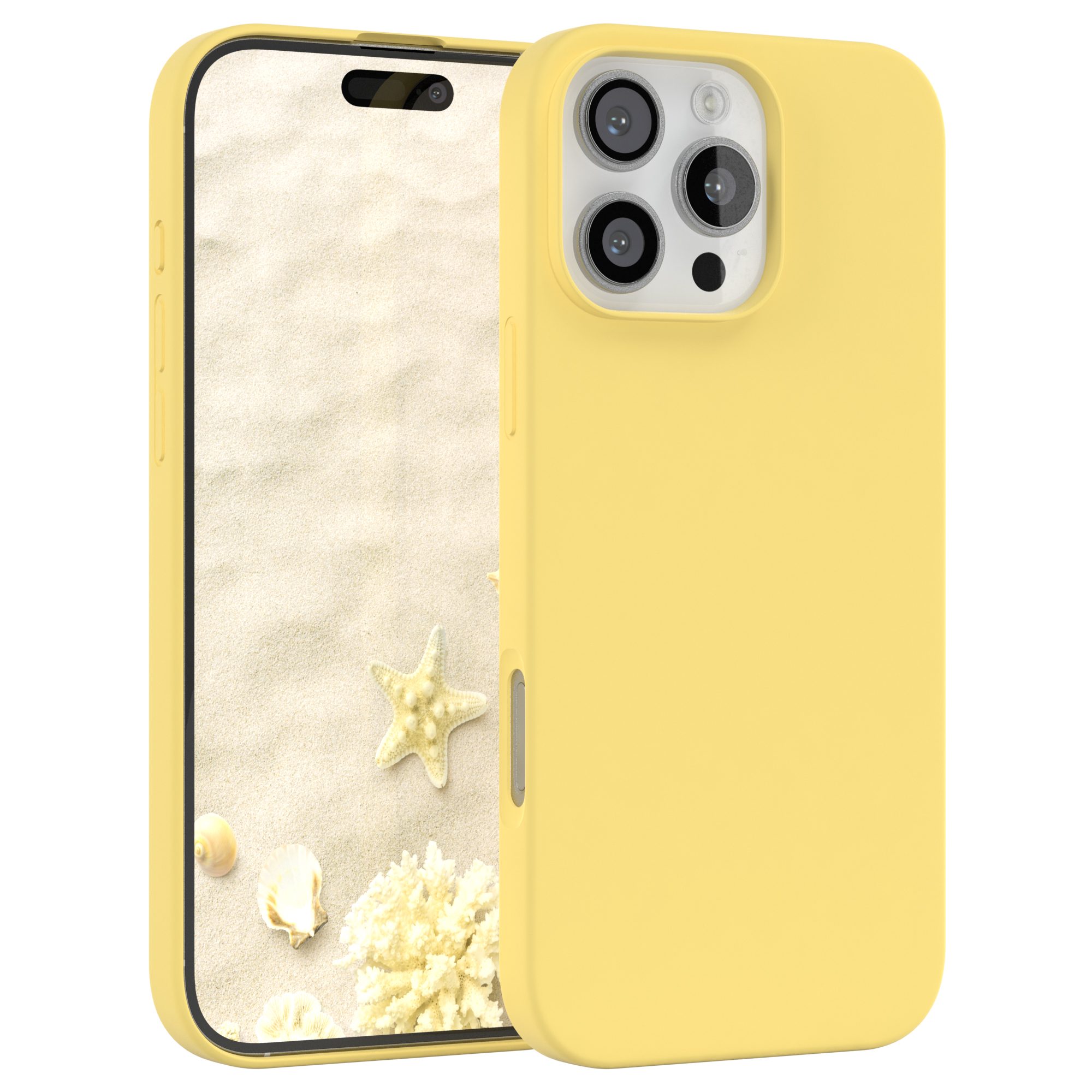 Gelbe Handyhülle mit dem Telefon. Das Telefon hat drei Kameras. Der Hintergrund ist eine Strandszene.