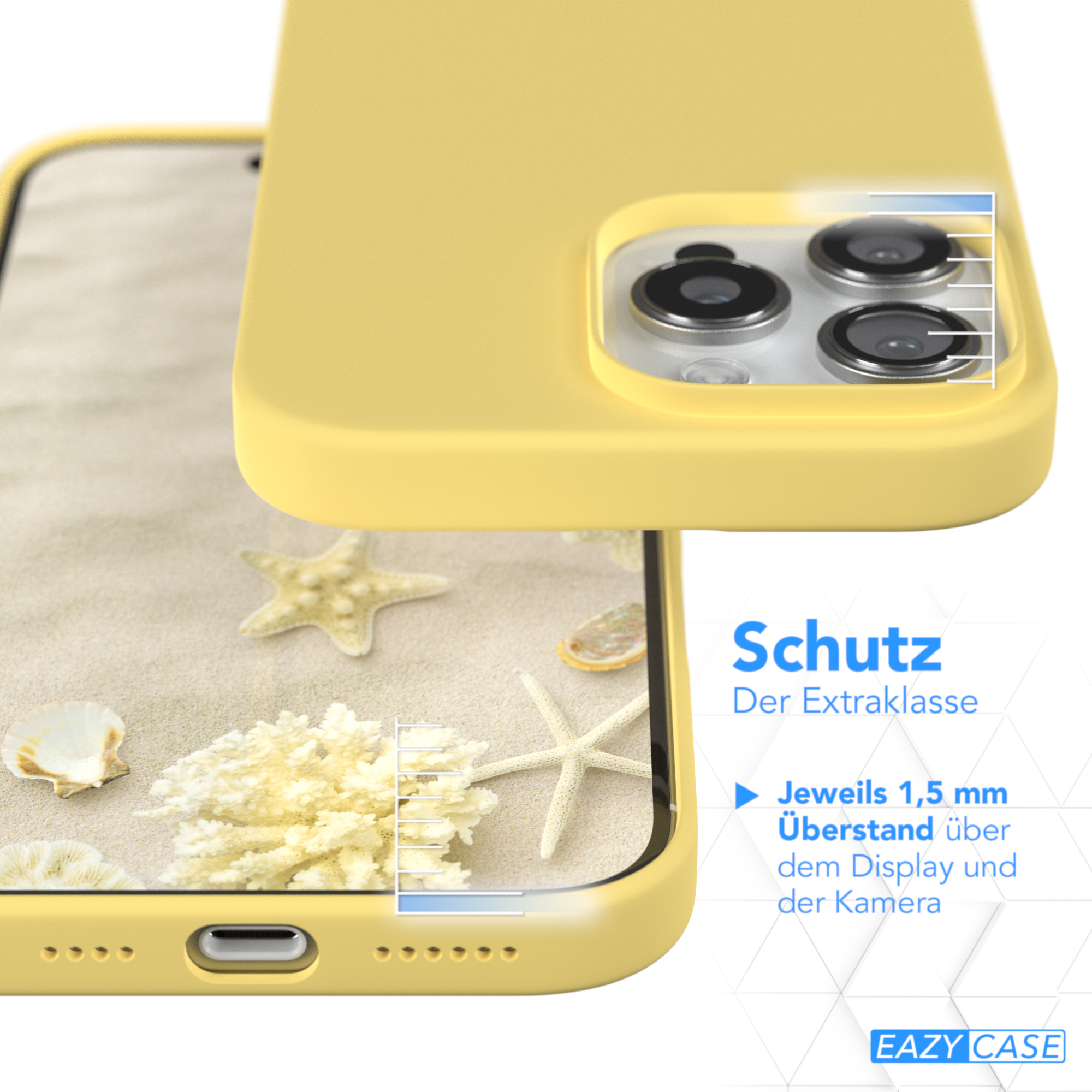 Gelbe Handyhülle über einem Telefon, Strandszene, Text.