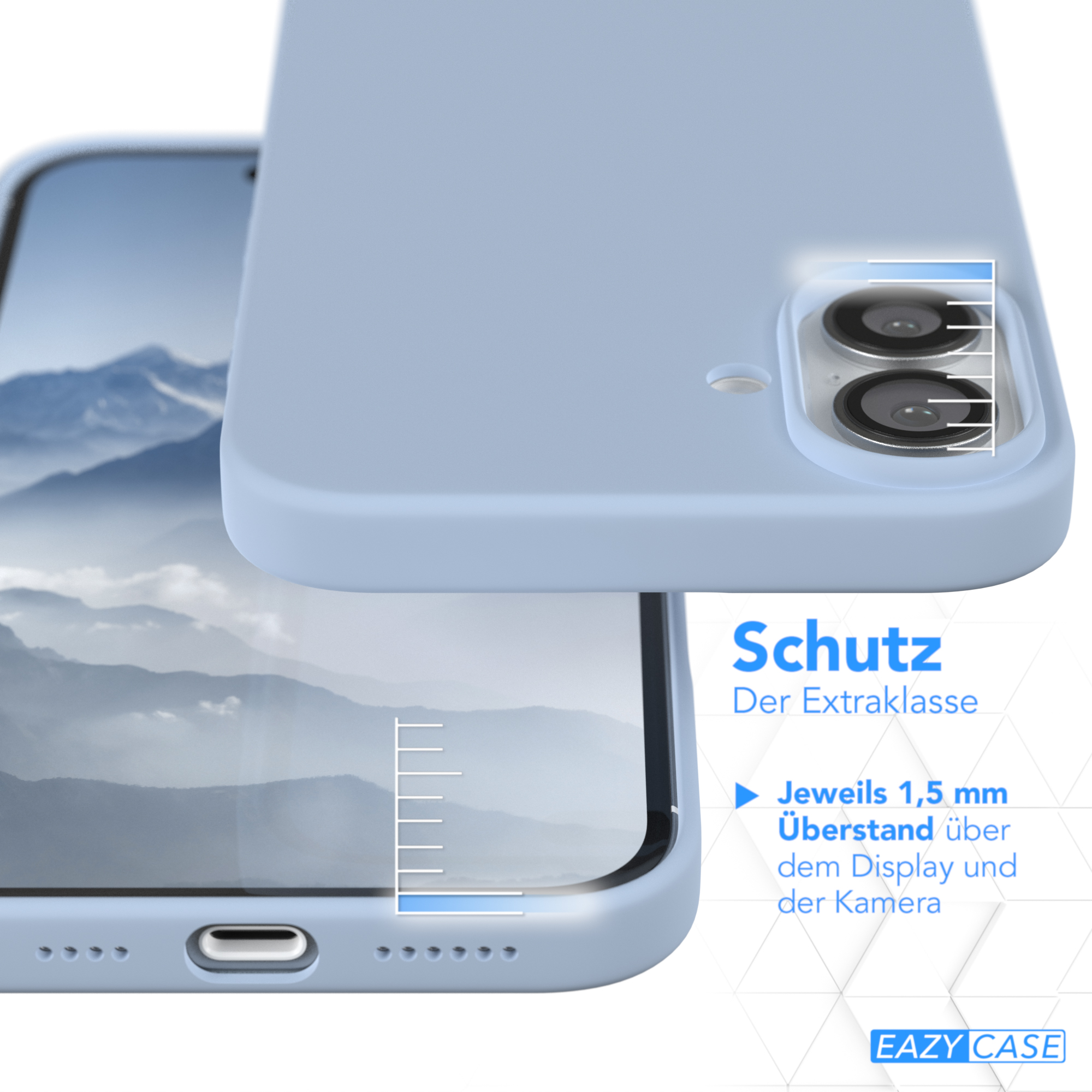Eine hellblaue Handyhülle. Die Hülle umgibt ein Telefon mit sichtbarer Kamera und Bildschirm.