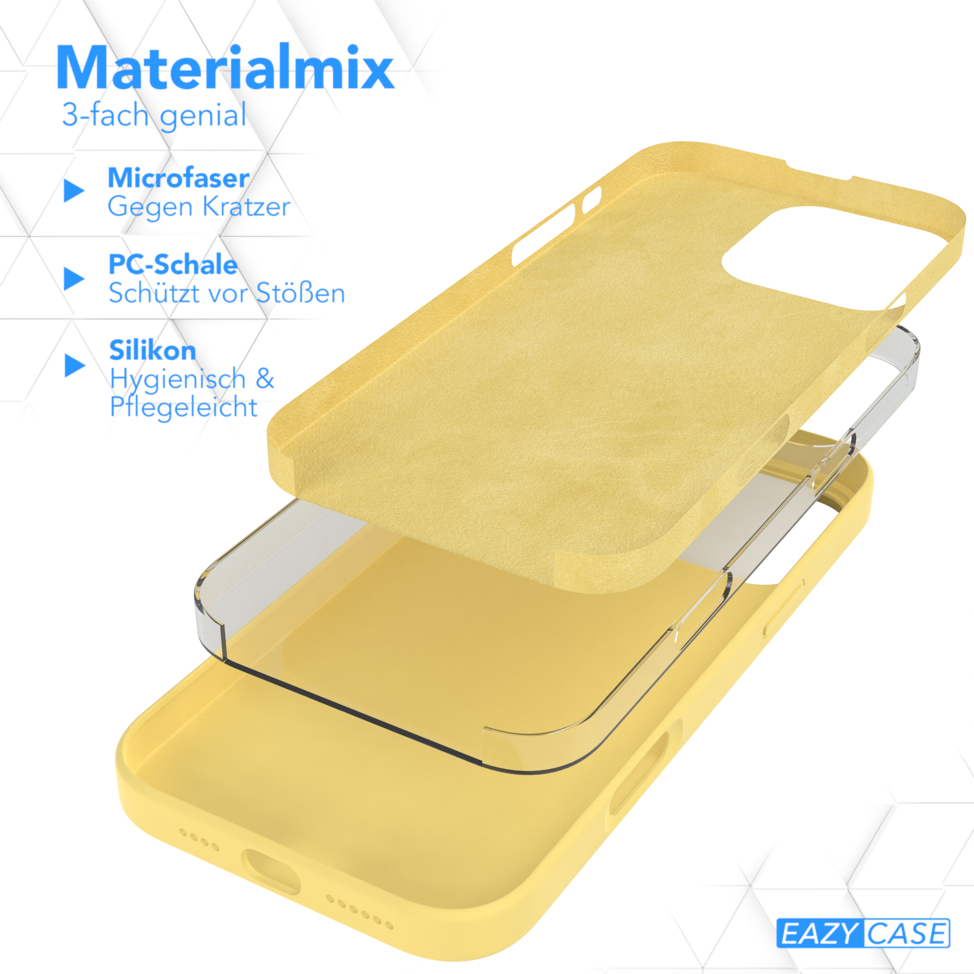 Gelbe Handyhüllen-Schichten: Mikrofaser, PC-Schale und Silikon. EAZY CASE Logo.