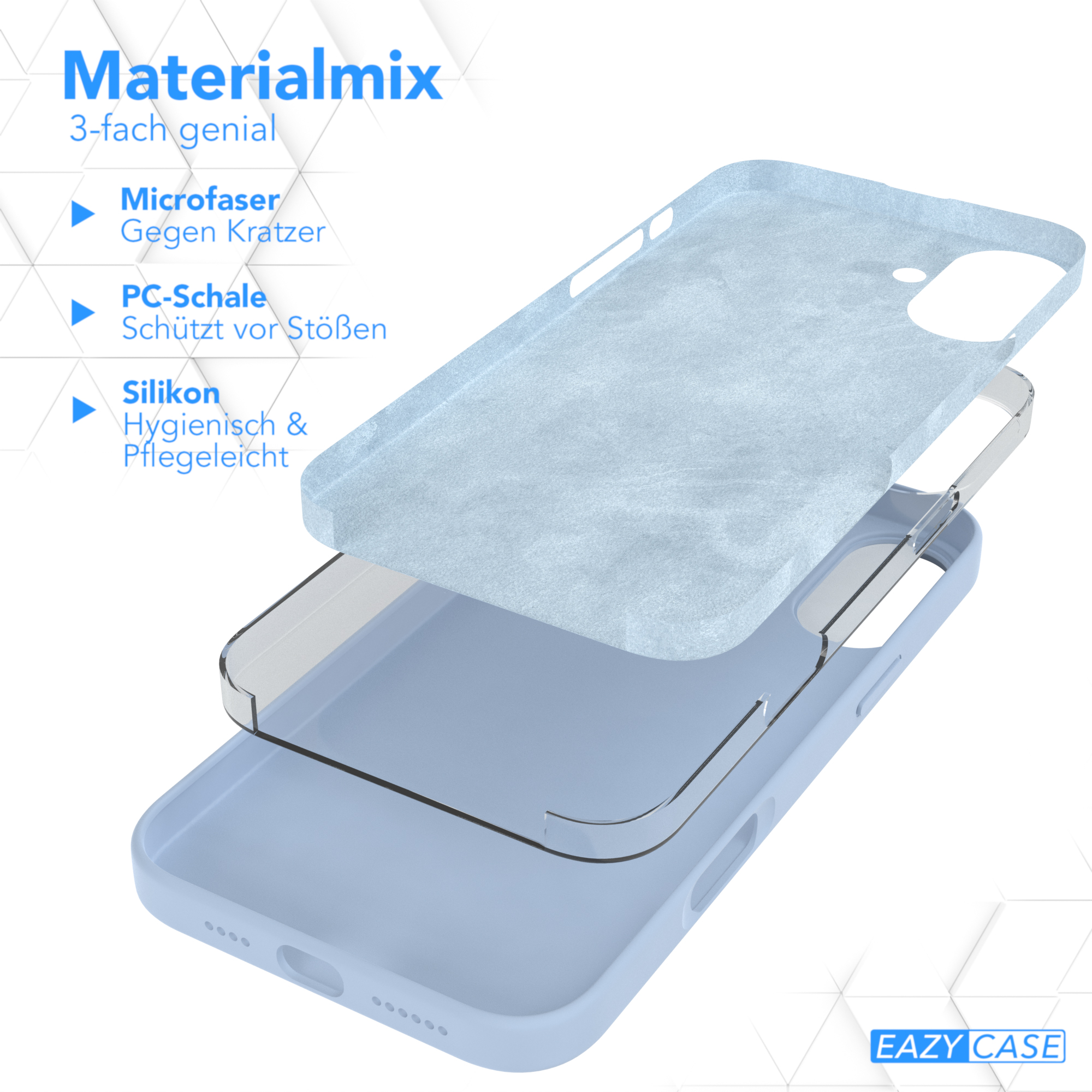 Diagramm eines hellblauen Handy-Cases mit 3 Schichten, Text auf Deutsch.
