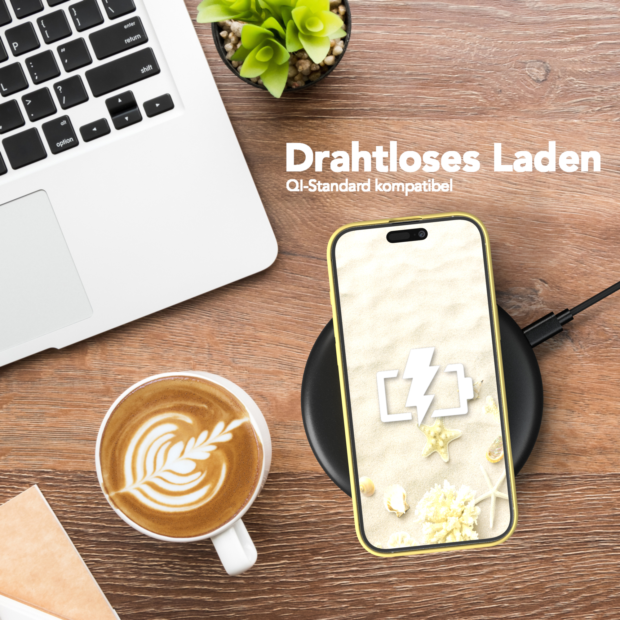 Ein Laptop, ein kabellos ladendes Telefon und eine Kaffeetasse auf einer Holzoberfläche. Text: Kabelloses Laden.