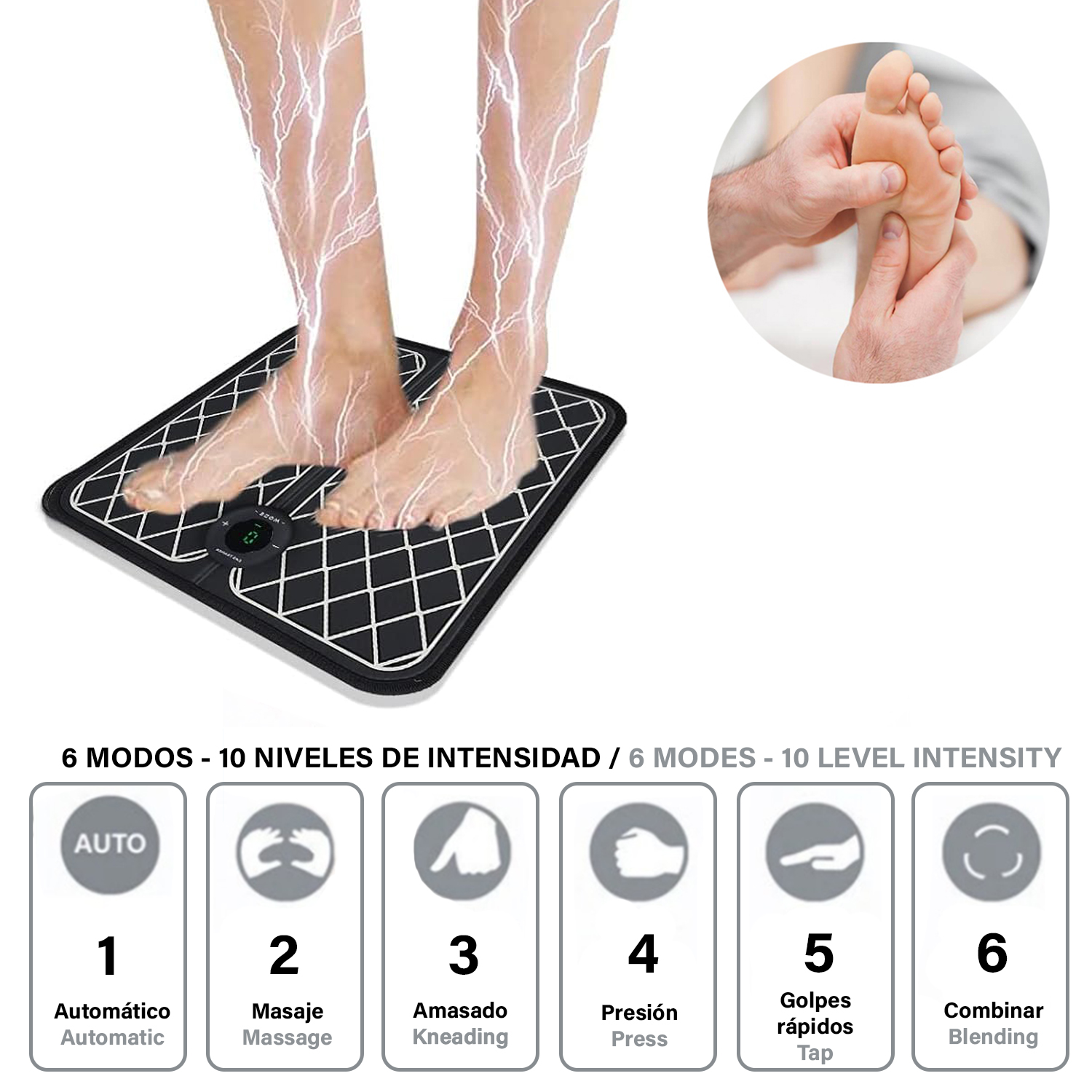 Masajeador de pies con pies y una mano masajeando un pie. Muestra diferentes modos de masaje.